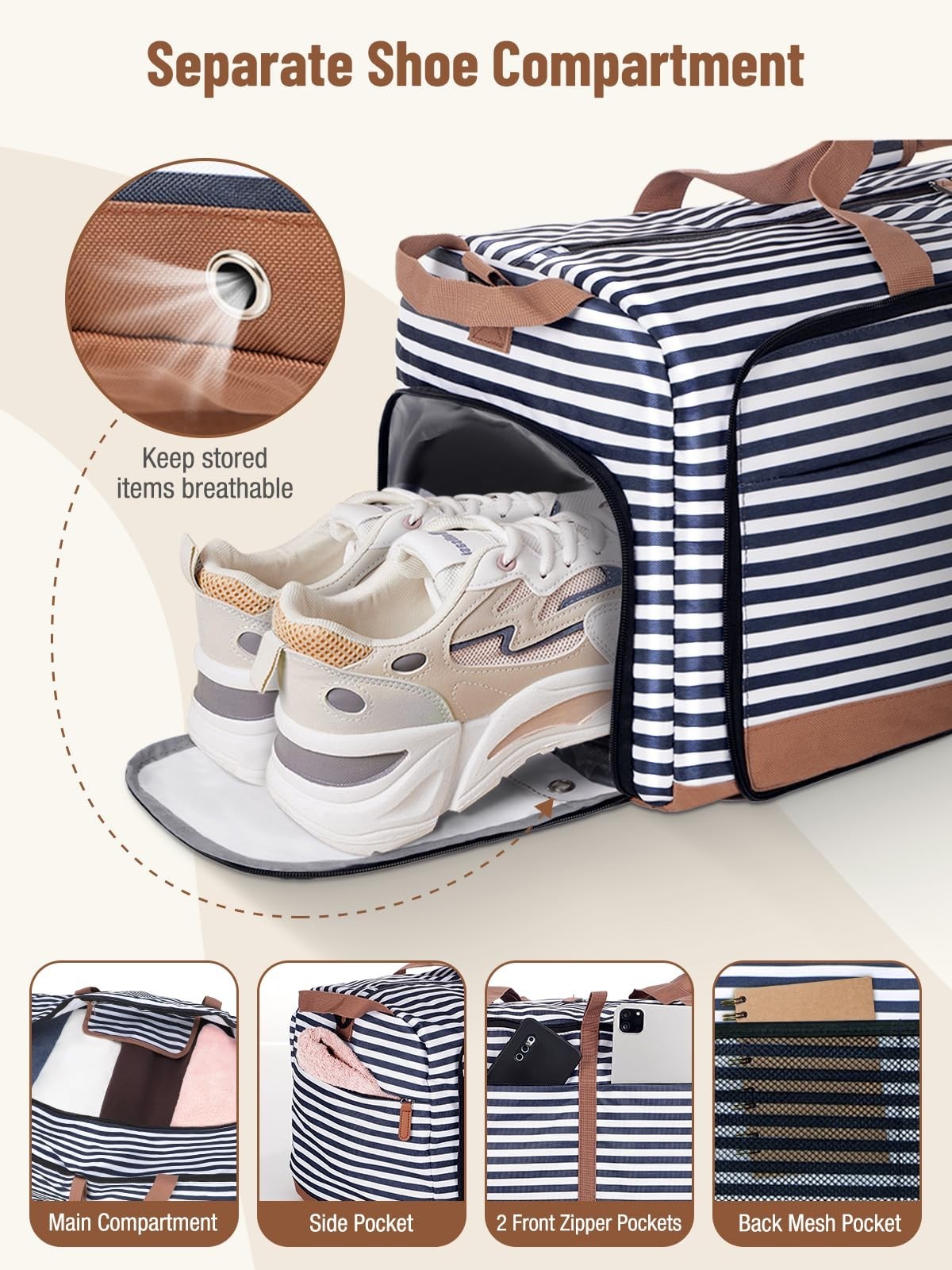 Large 100L Foldable Travel Duffle Bag for Women, Weekend Carry-On, Shoes Compart3