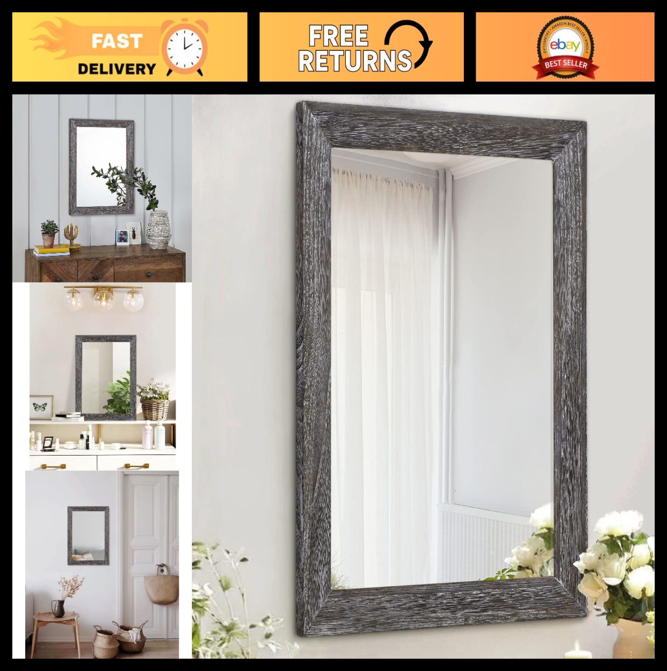 Rustic Rectangle Wall Mirror with Wood Frame - Decorative Hanging Mirror for Hom0