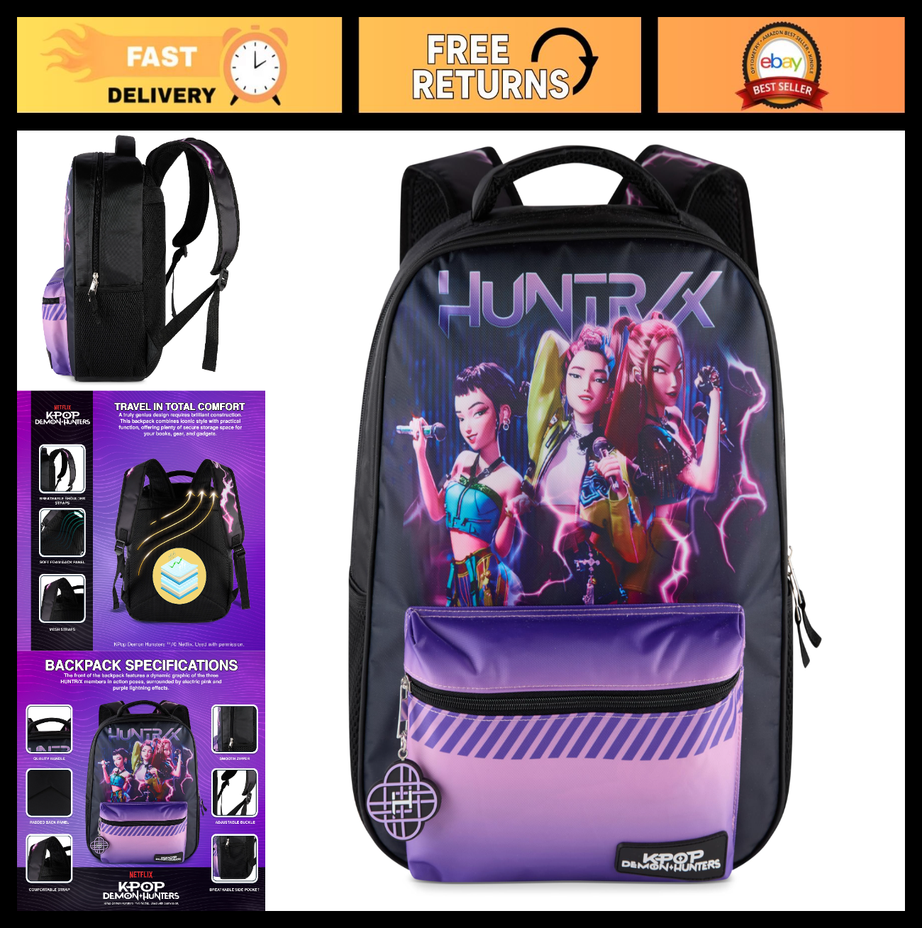 K Pop Demon Hunters 16” Backpack for Girls   Rumi, Zoey, Mira, Rubber Charm0