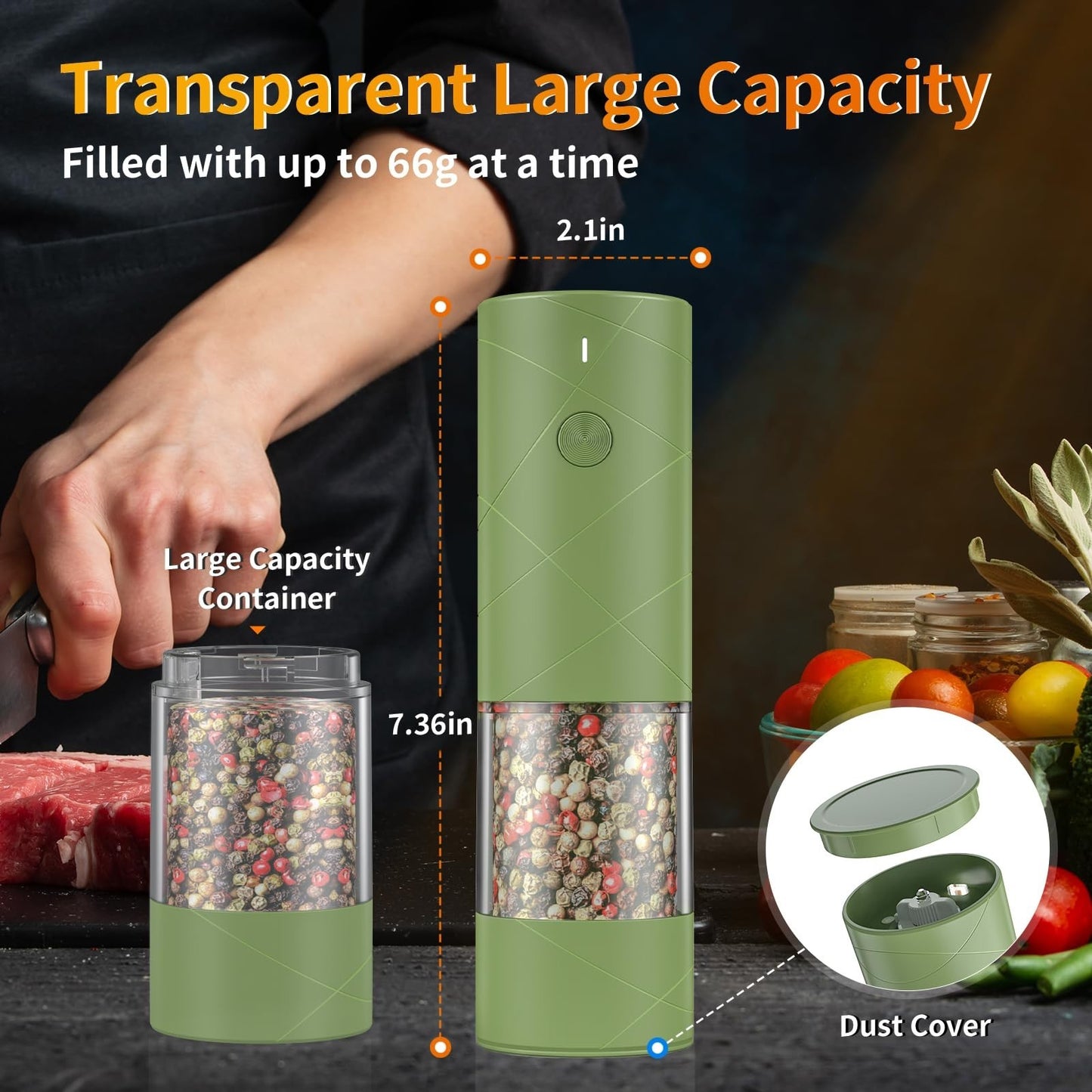 2 Pack USB Rechargeable Electric Salt & Pepper Grinders with LED Light, Adjustab2