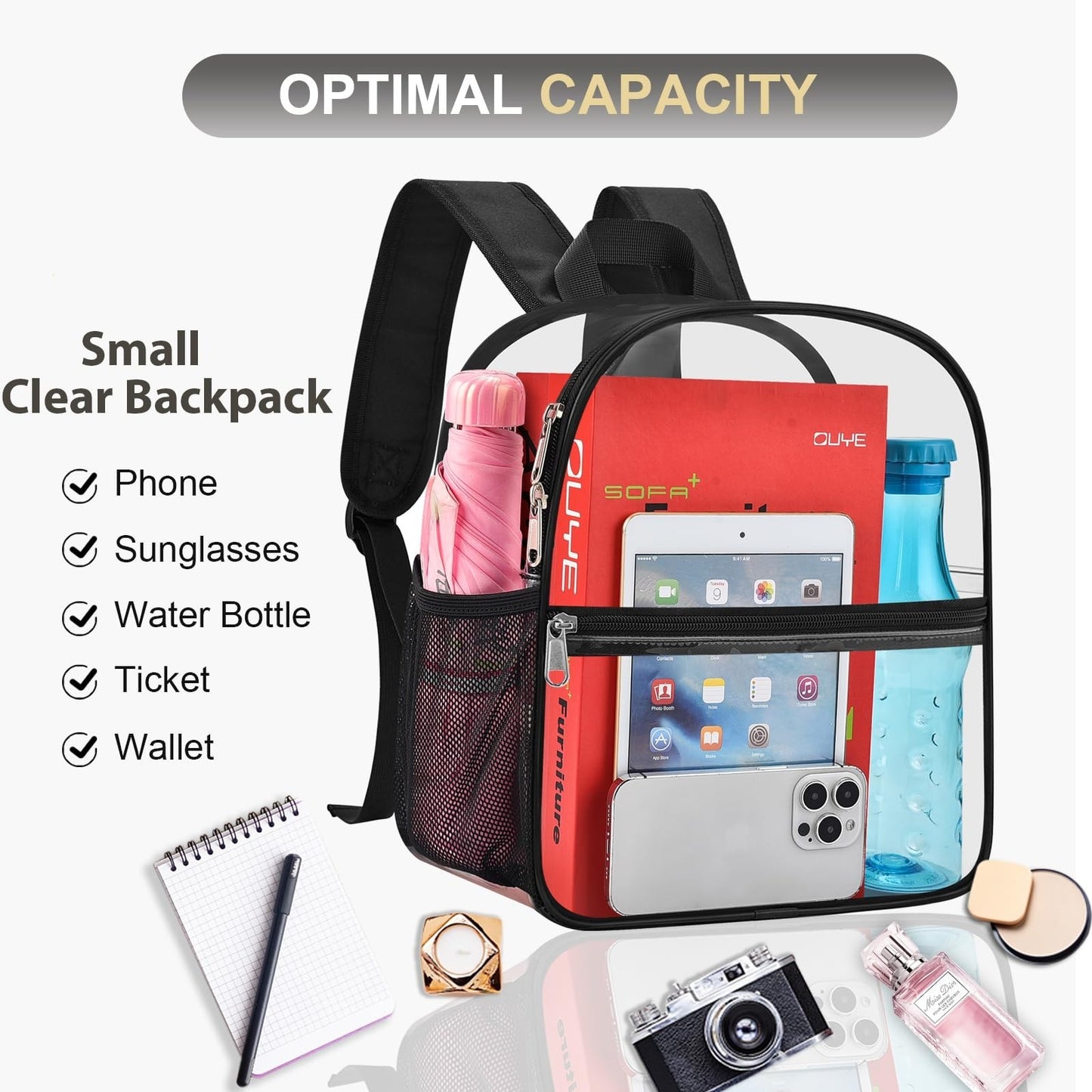 Clear Stadium Approved Backpack - Transparent 12"x6"x11" for Concerts & Events,9