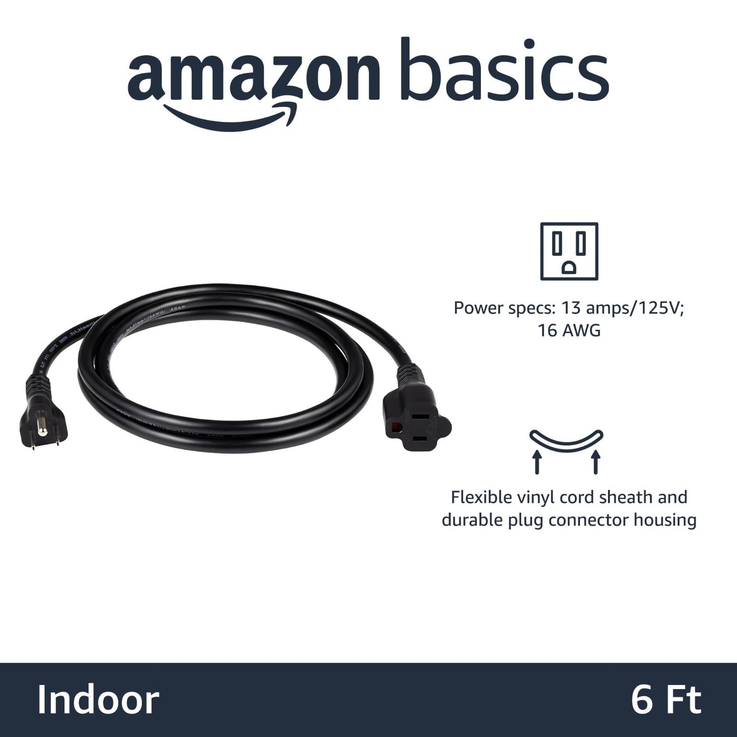 Indoor Extension Cord 6ft, 3 Prong Outlet Extender, 13 Amps, Power Cable, 2 Pack2