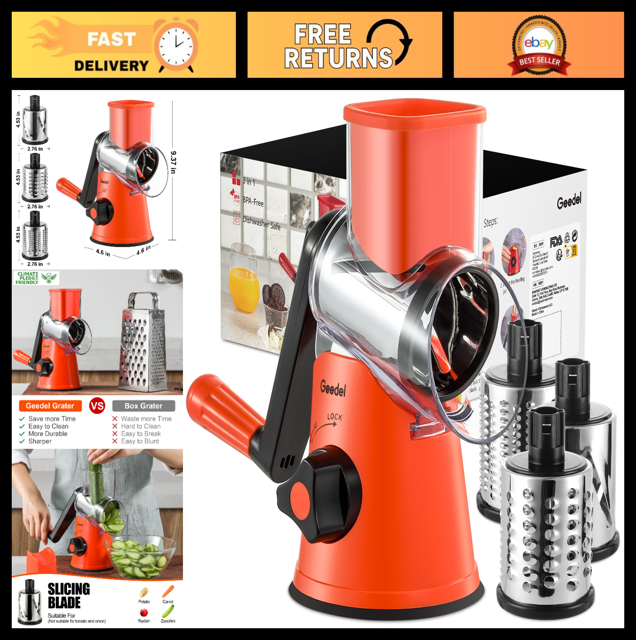 Rotary Cheese Grater & Vegetable Slicer   3 Blades, Easy Clean, Suction Base, BP0