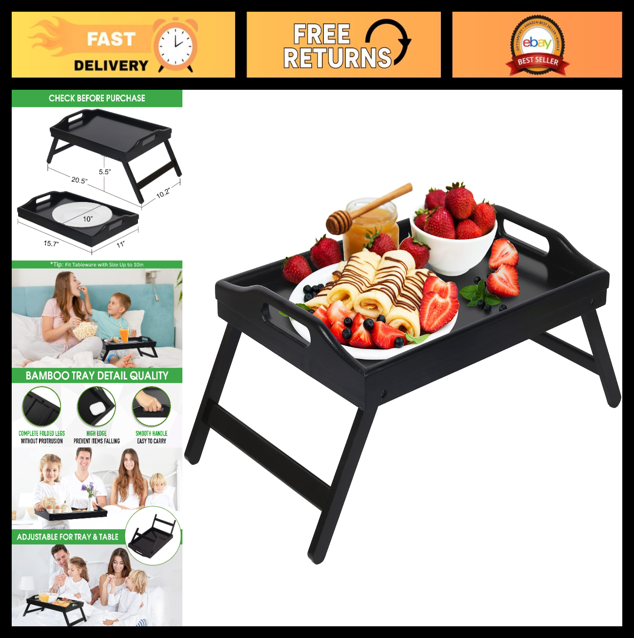 Folding Bed Tray Table with Handles - Bamboo Snack & Breakfast Serving Desk0