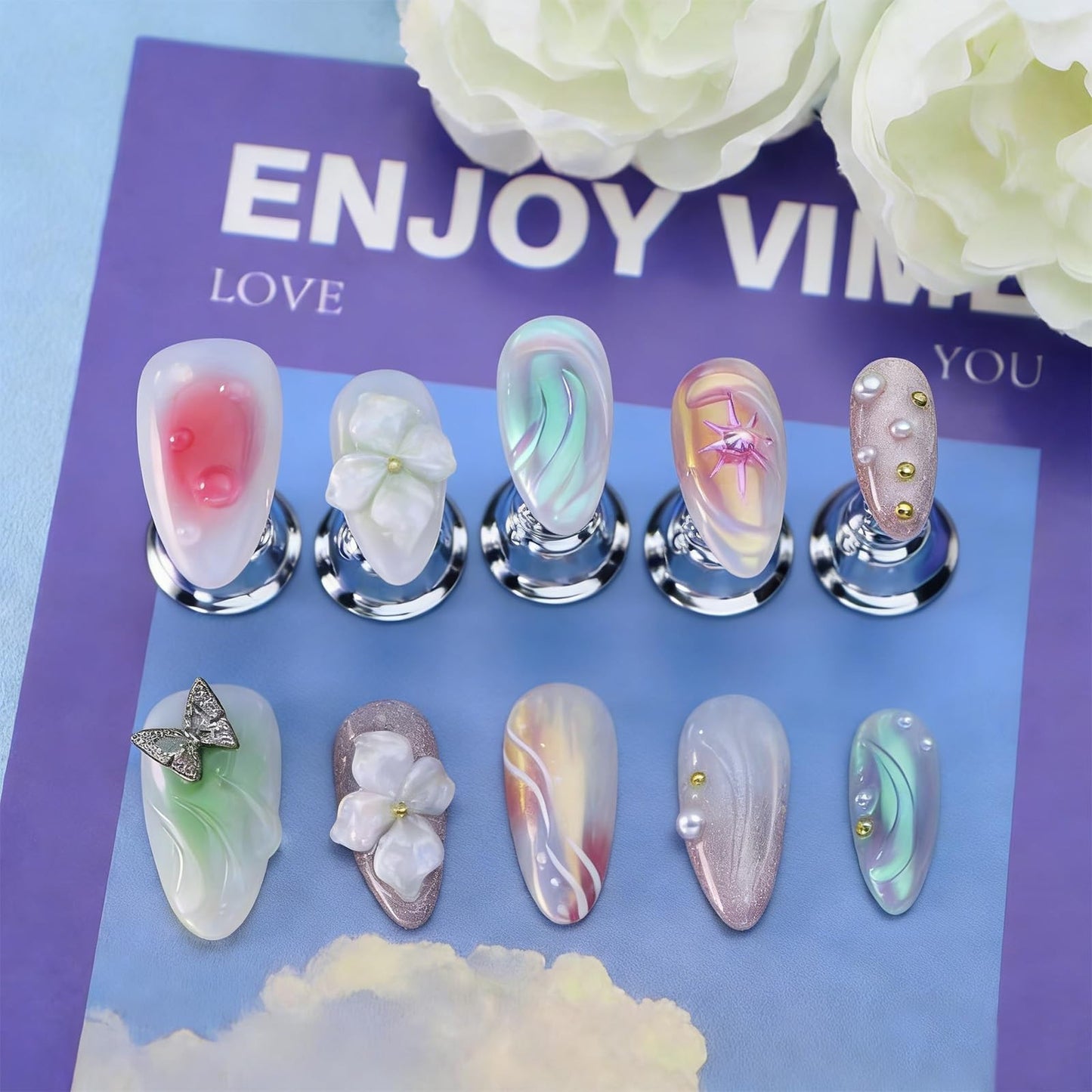 3D Floral Press-On Nails Medium Almond - Handcrafted Aurora Ombre Butterfly Desi1