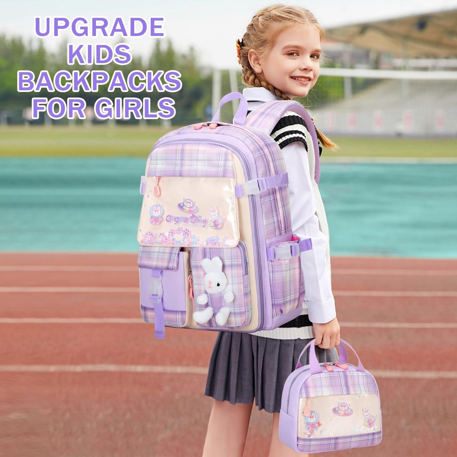 3PCS Kawaii Bunny Girls Backpack Set   School Bag, Lunch Box & Pencil Case   Pur2