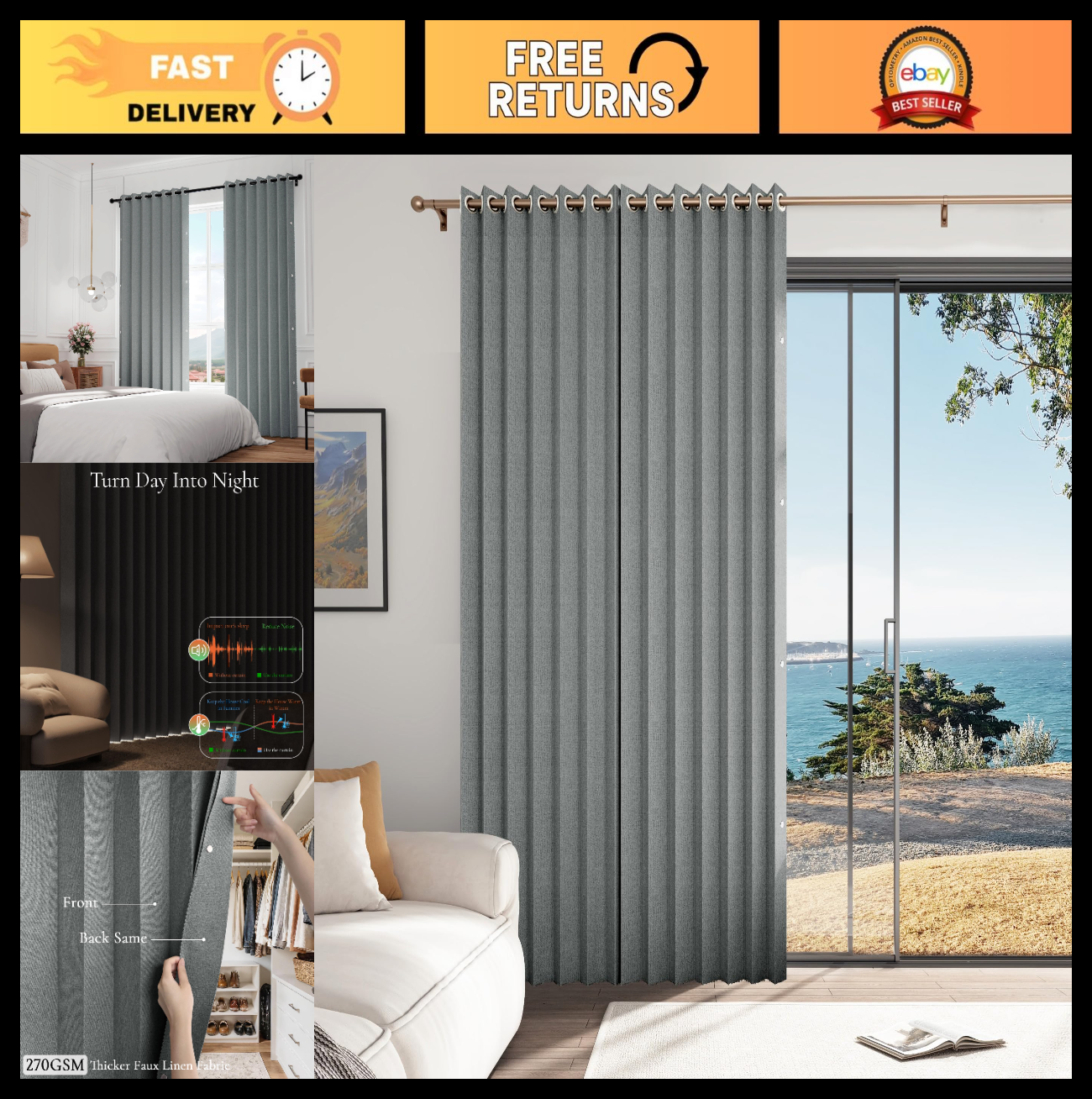 Full Blackout Pleated Curtains with Magnetic Closure, Faux Linen Drape, 45x960