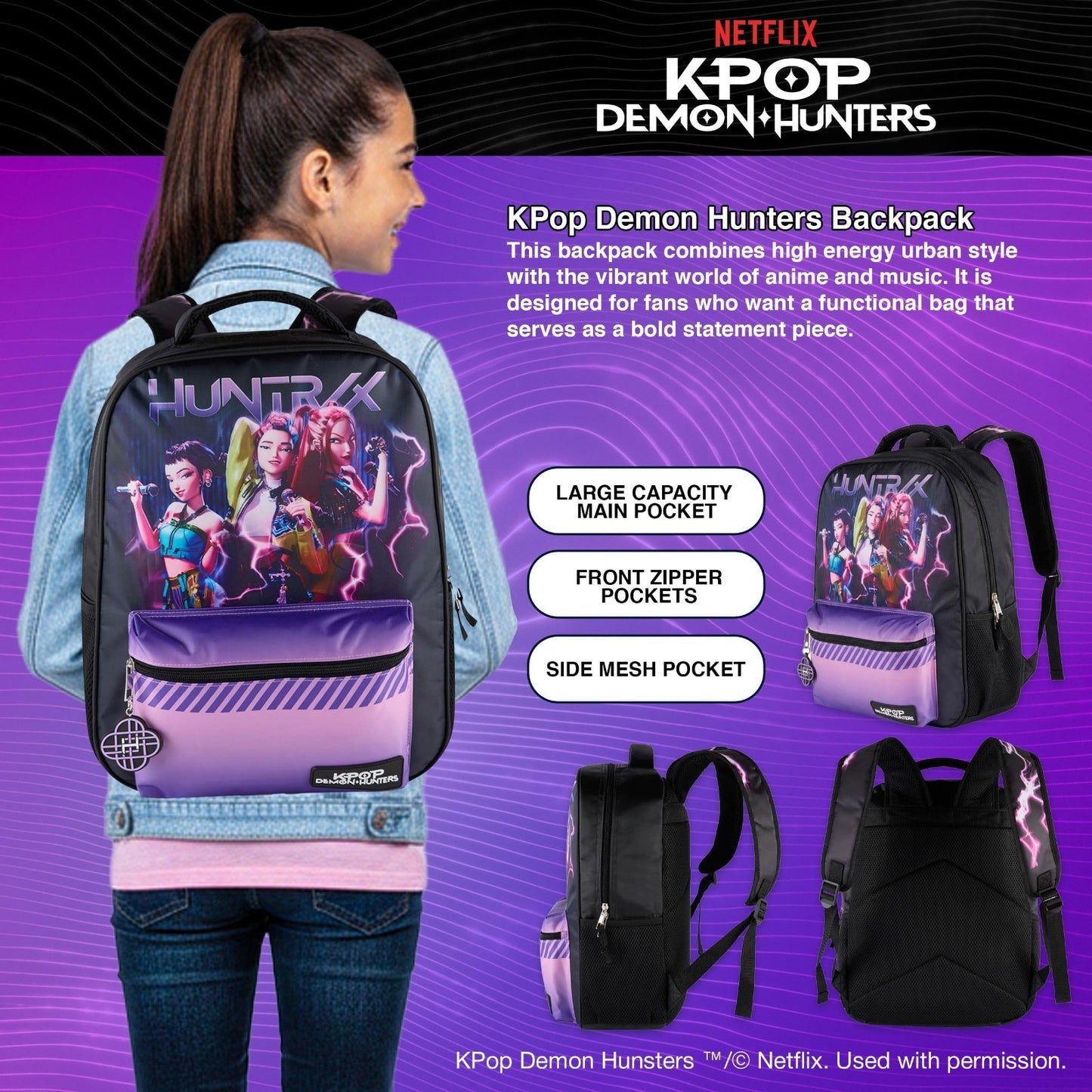 K Pop Demon Hunters 16” Backpack for Girls   Rumi, Zoey, Mira, Rubber Charm6
