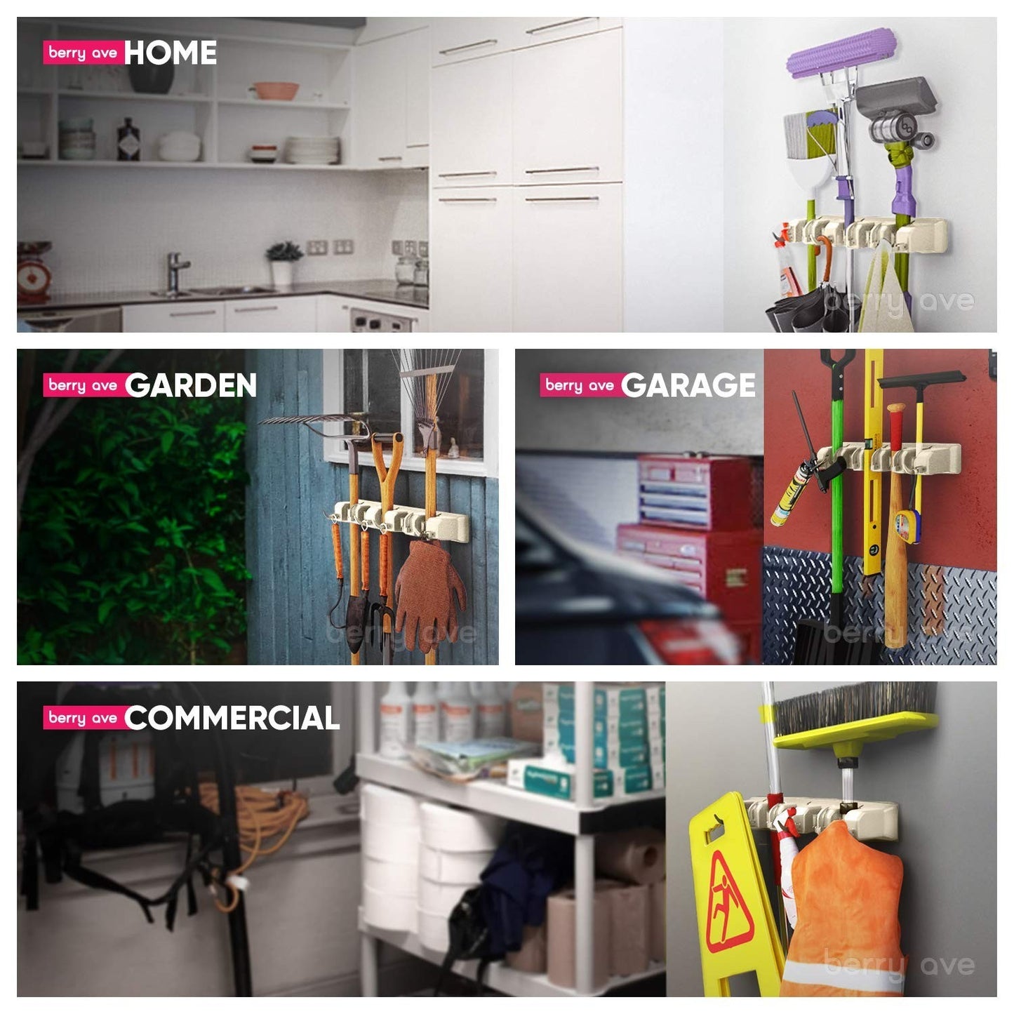 Wall Mounted Broom Holder & Mop Organizer Rack - 5 Slots, 6 Hooks for Garage, Ki3