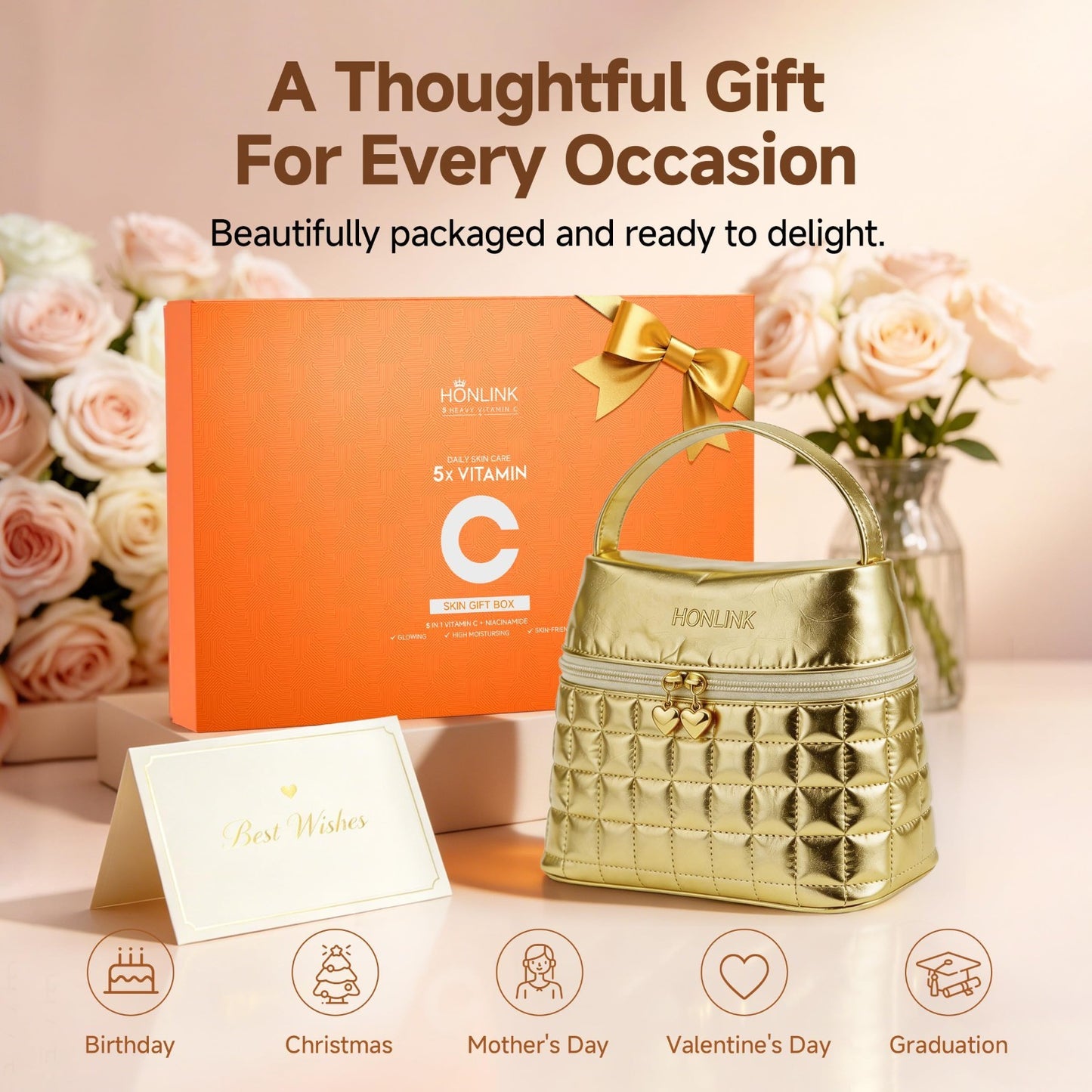Vitamin C Skincare Gift Set Bundle with Gold Cosmetic Bag   Perfect for Her5
