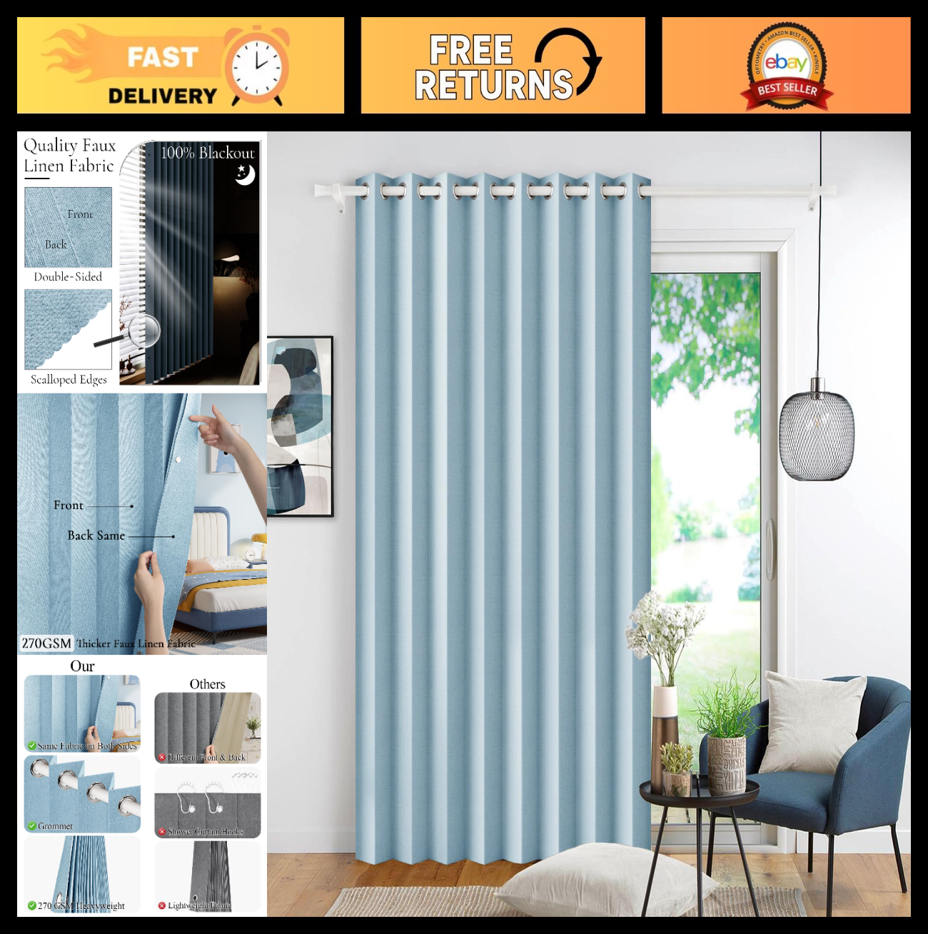 100% Blackout Magnetic Closure Curtain   Pinch Pleat Window Drapes, 1 Panel, W600