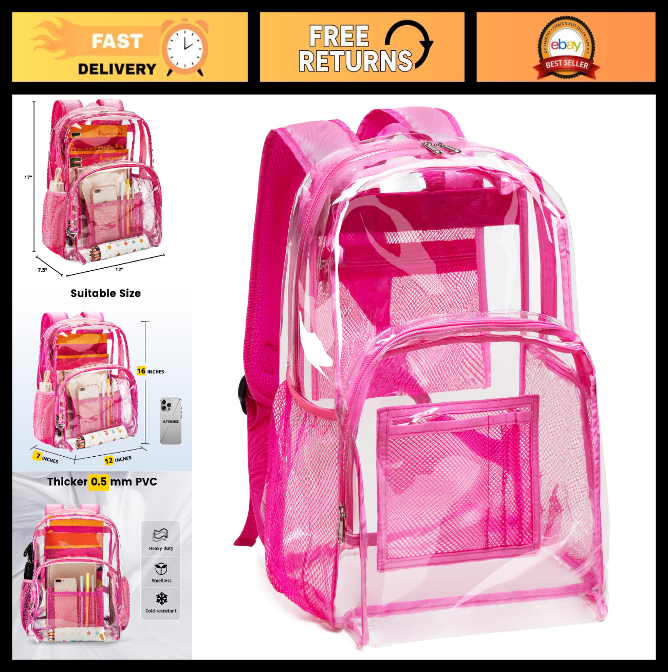 Clear PVC Backpack Heavy Duty Transparent Bag with Reinforced Straps - Pink, Lar0