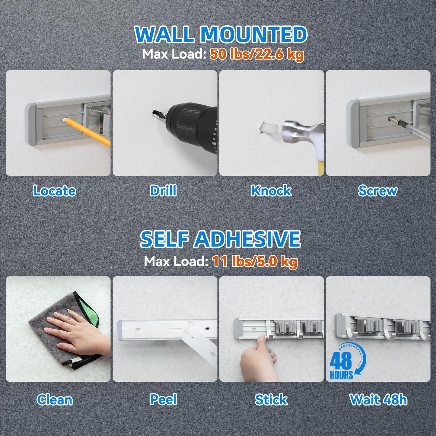 Wall Mount Broom Holder & Mop Hanger - 4 Racks & 5 Hooks Tool Organizer3