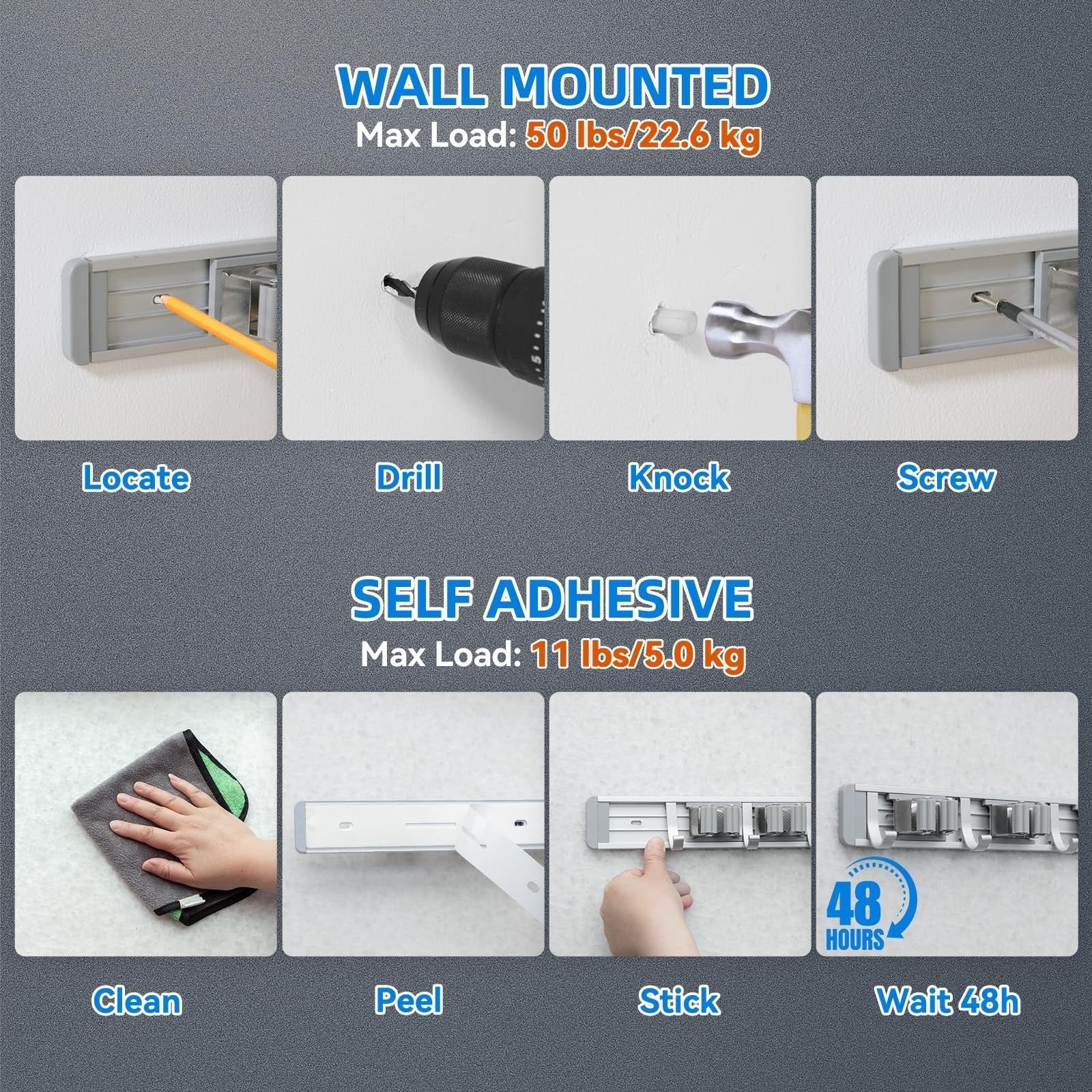 Wall Mount Broom Holder & Mop Hanger - 4 Racks & 5 Hooks Tool Organizer3