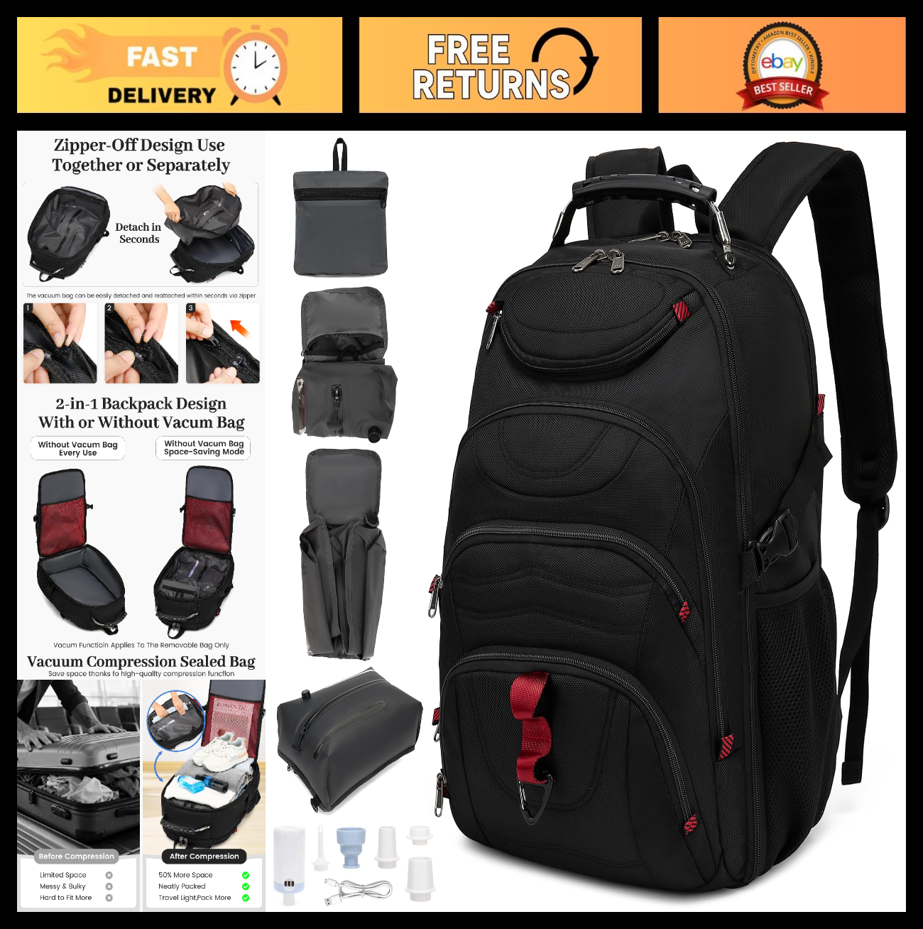 Large 55L Vacuum Seal Travel Backpack with Detachable Compression Bag, Waterproo0