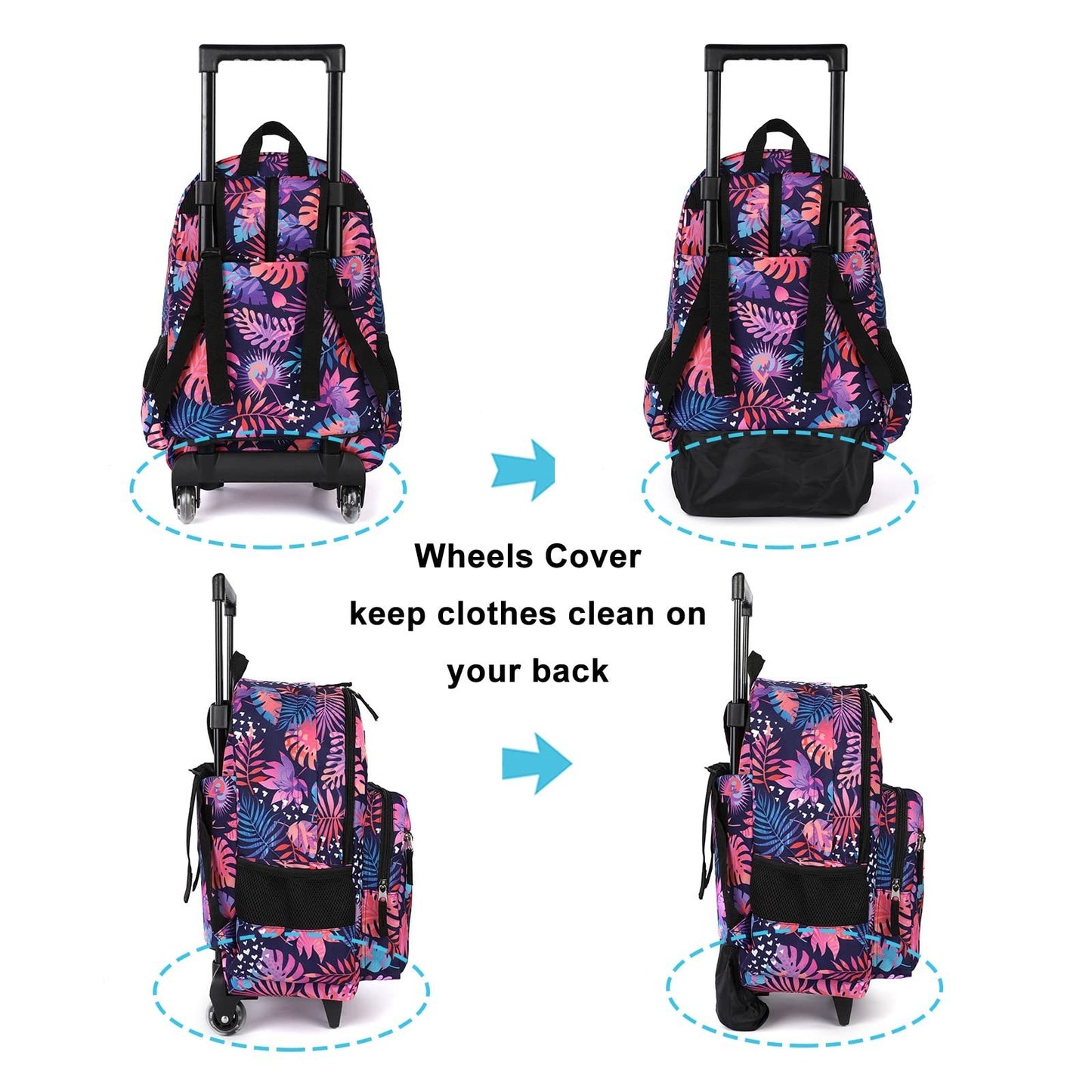 Wheeled Kids Backpack 18" with Lunch Bag, Double Handle, Pink Leaves Design4