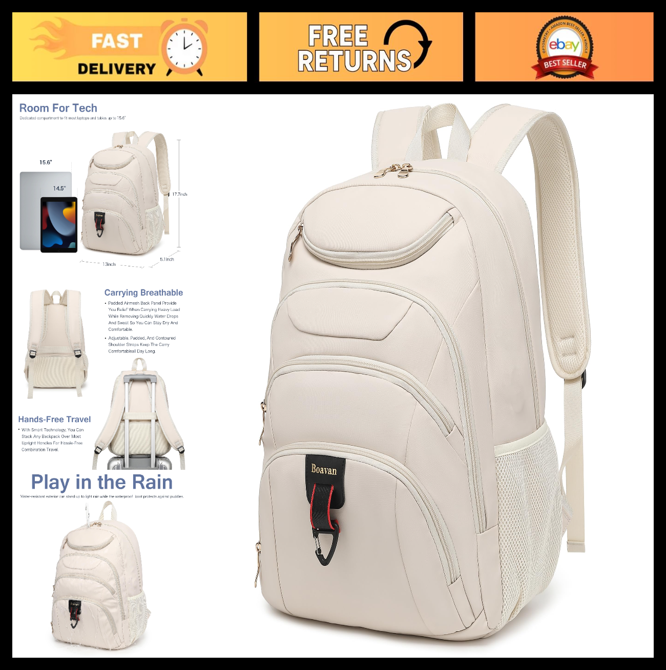 Stylish 15.6" Laptop Backpack for Women, USB Port, Waterproof, Anti Theft, Cream0