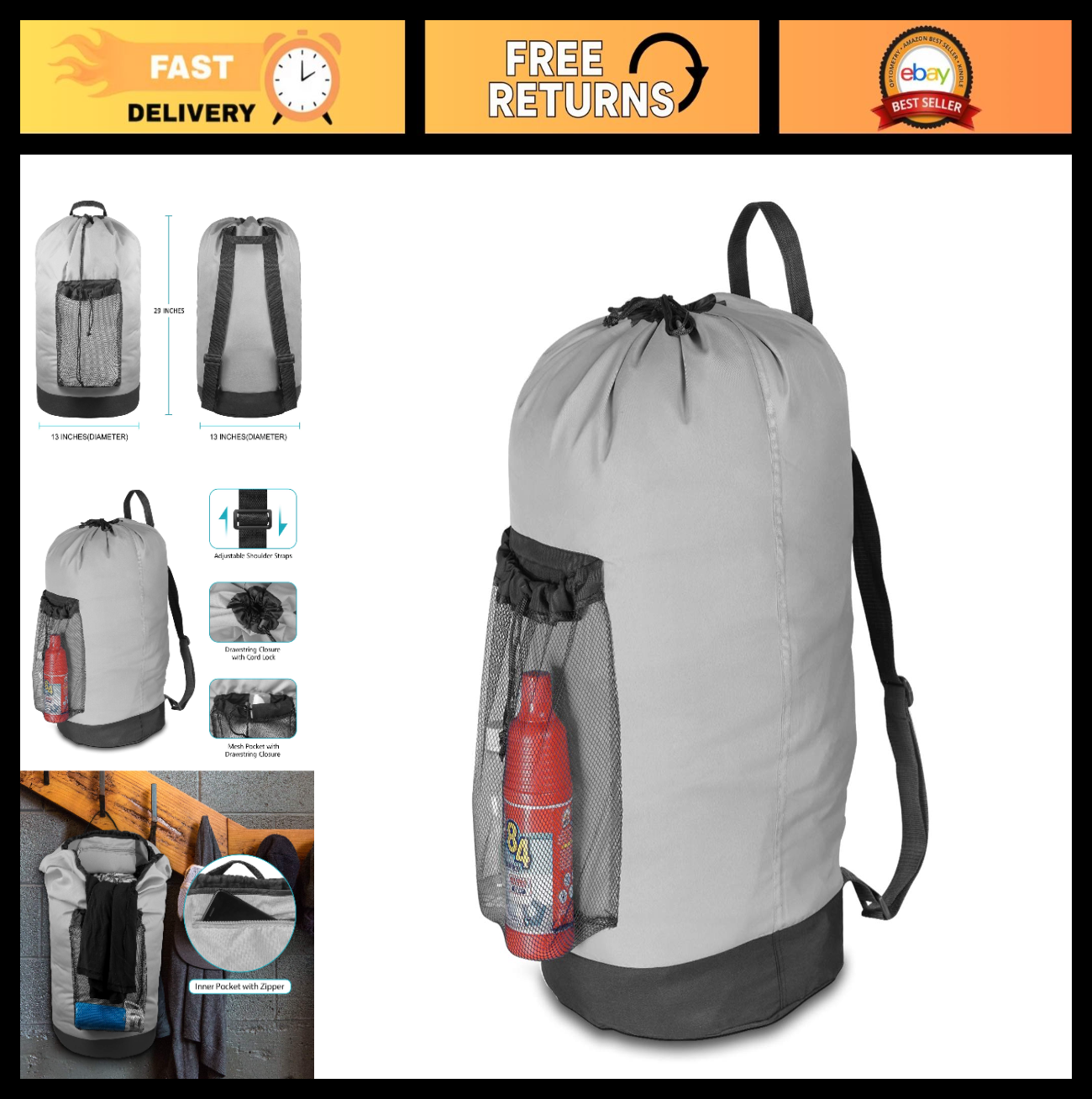 Optimized eBay Title:  Durable Laundry Backpack with Shoulder Straps, Mesh Pock0