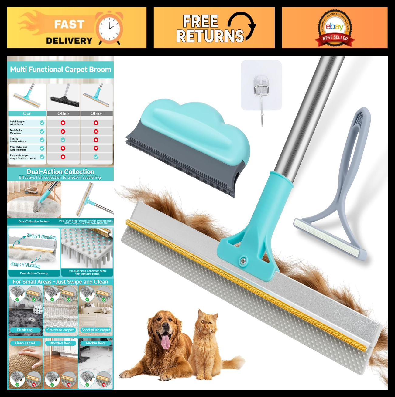 Pet Hair Removal Carpet Rake Tool - Adjustable 54” Handle, 3 Pcs Broom for Rugs0