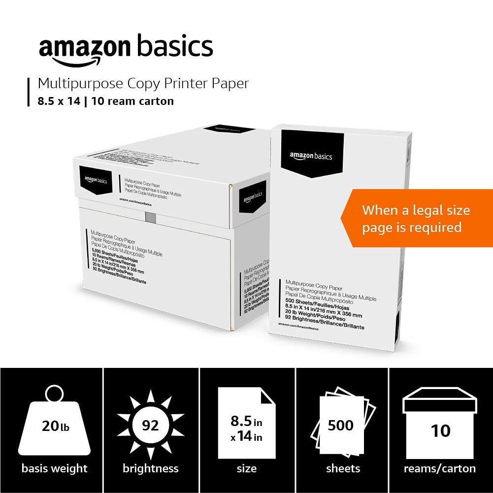 Multipurpose Copy Printer Paper, 20 lb, 8.5x14", 5000 Sheets, 92 Bright White, 14