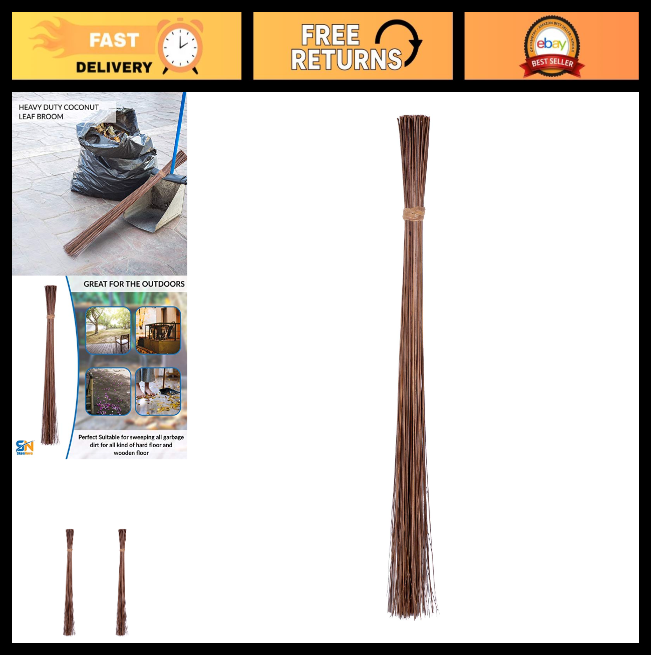 Natural Coconut Stick Broom - 32" Outdoor Sweeper with Rope Handle for Yard & Ga0