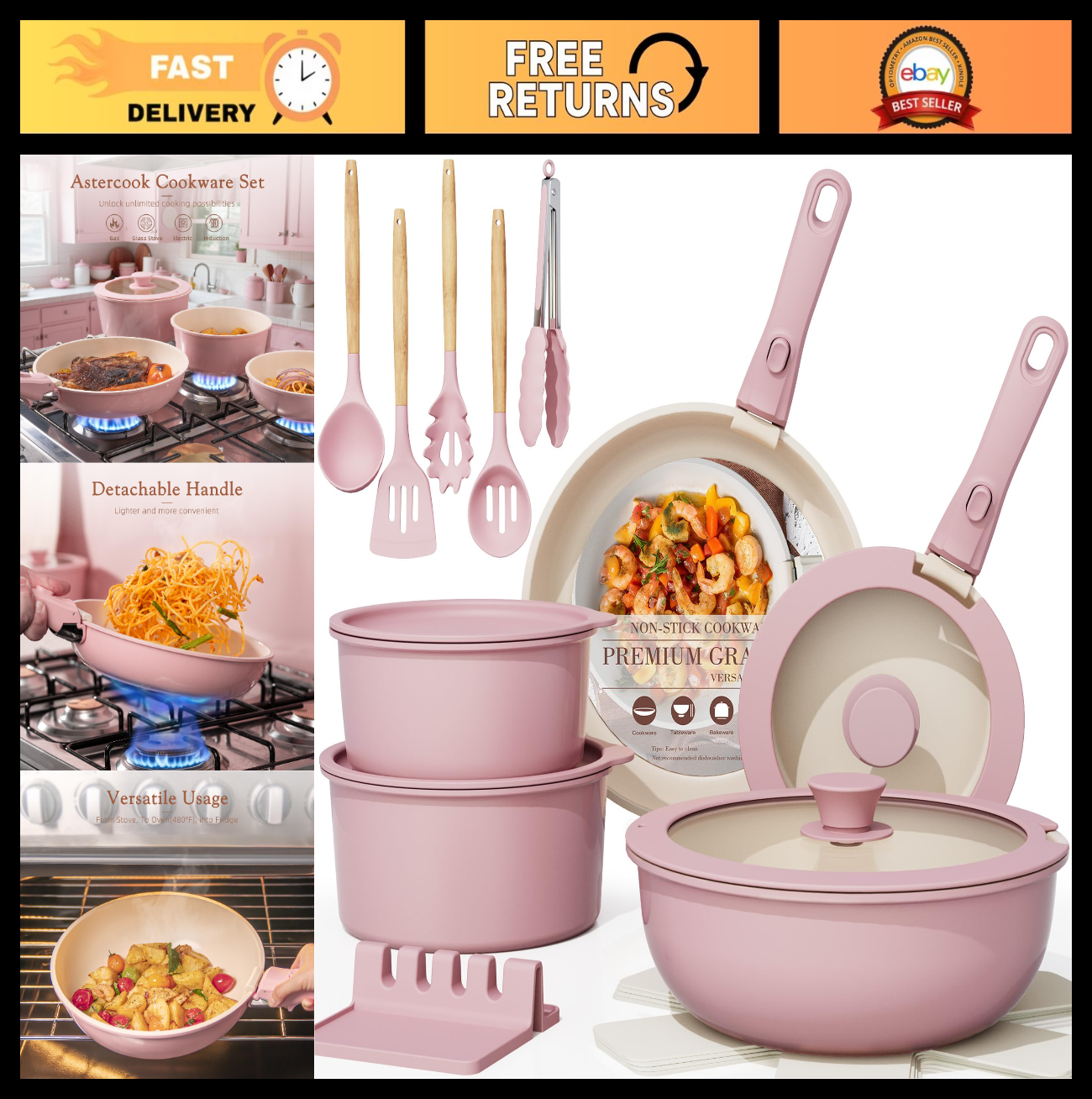 21 Piece Non Stick Ceramic Cookware Set, Detachable Handle, Oven Safe, Induction0