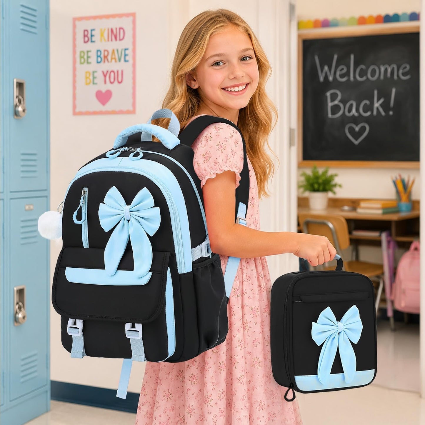 Girls Bow Backpack Set   3PCS with Lunch Bag & Pencil Case   Cute School Bag2