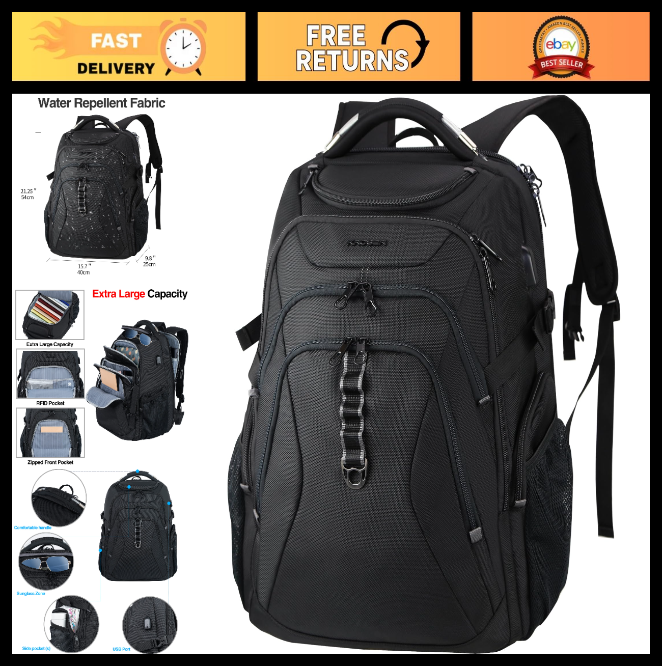 XXXL Travel Laptop Backpack 18.4" Gaming Bag with RFID Pockets, Water Repellent0