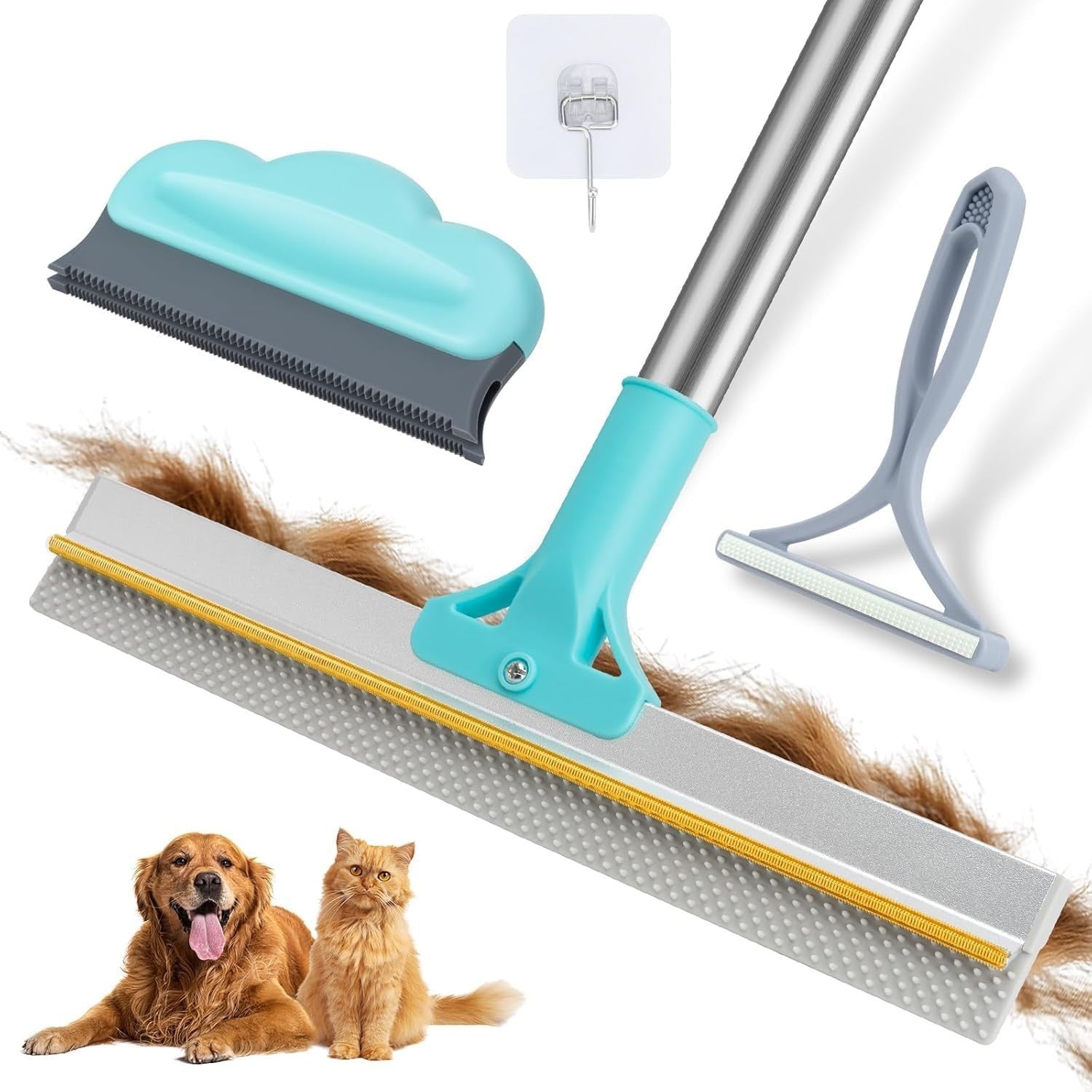 Pet Hair Removal Carpet Rake Tool - Adjustable 54” Handle, 3 Pcs Broom for Rugs1