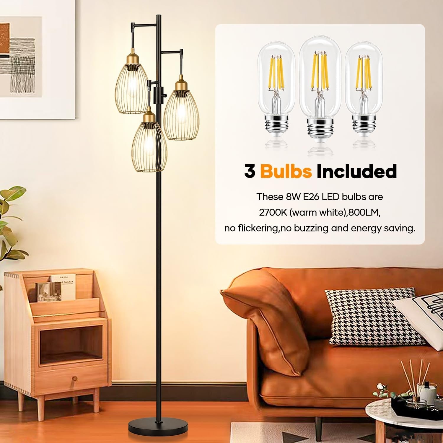 Dimmable Floor Lamp with 3 LED Bulbs, Industrial Tree Design, Tall Standing Ligh3