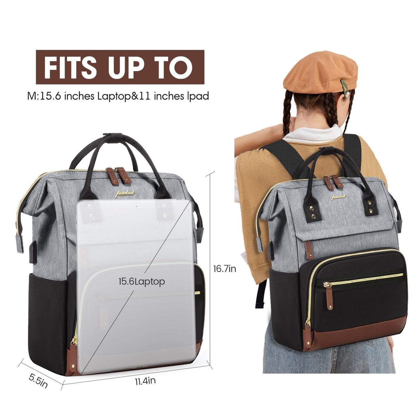 Waterproof 15.6" Laptop Backpack for Women   USB Port, Travel & Work Bag, Black/3