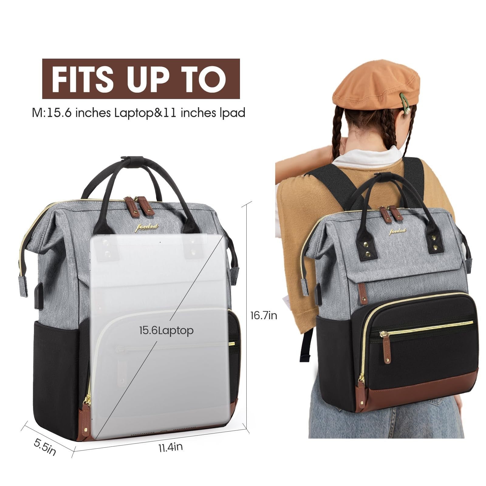 Waterproof 15.6" Laptop Backpack for Women   USB Port, Travel & Work Bag, Black/3
