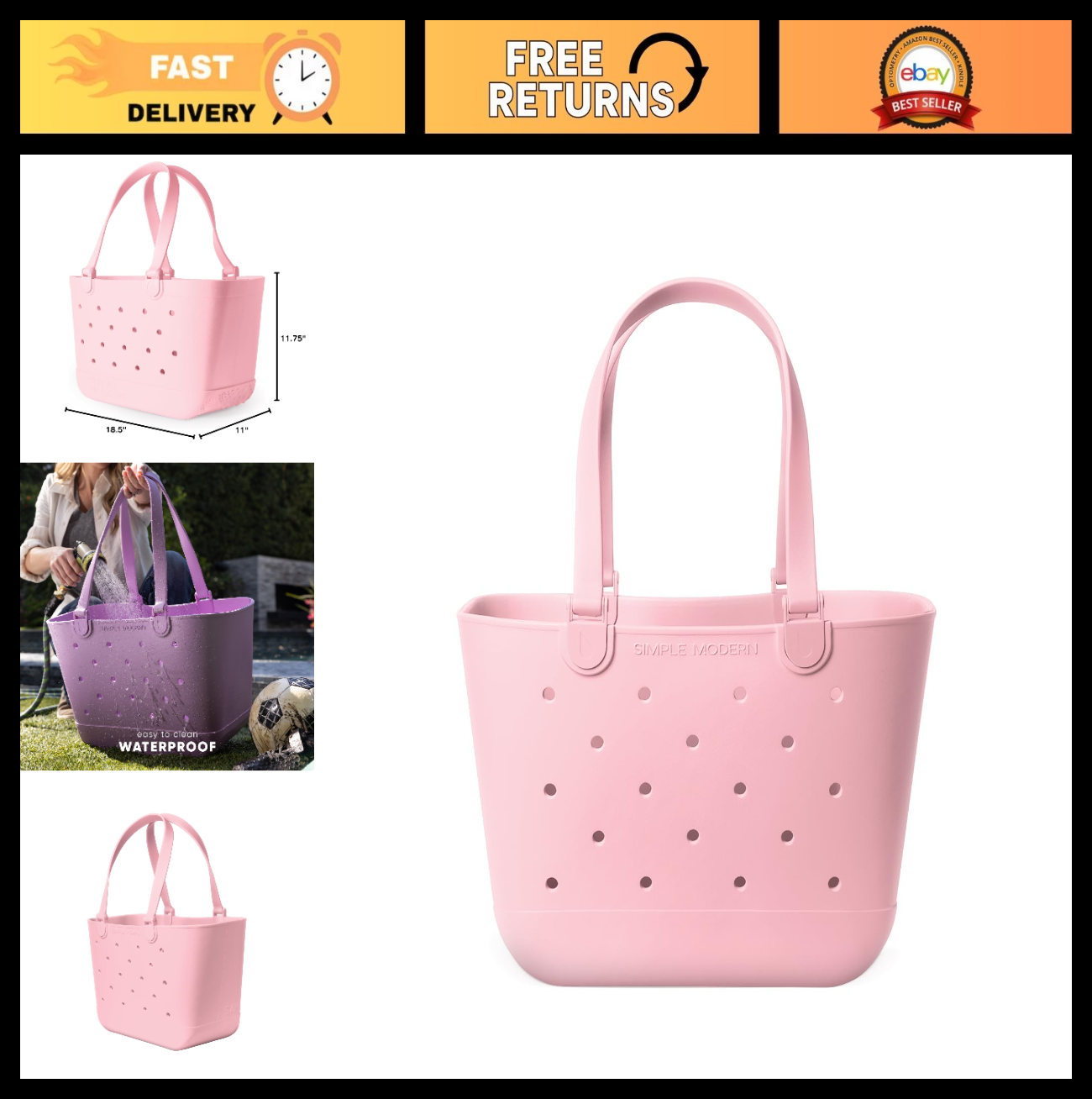 Large Waterproof Pink Beach Tote Bag | Zipper Pocket Getaway Bag for Travel, Poo0