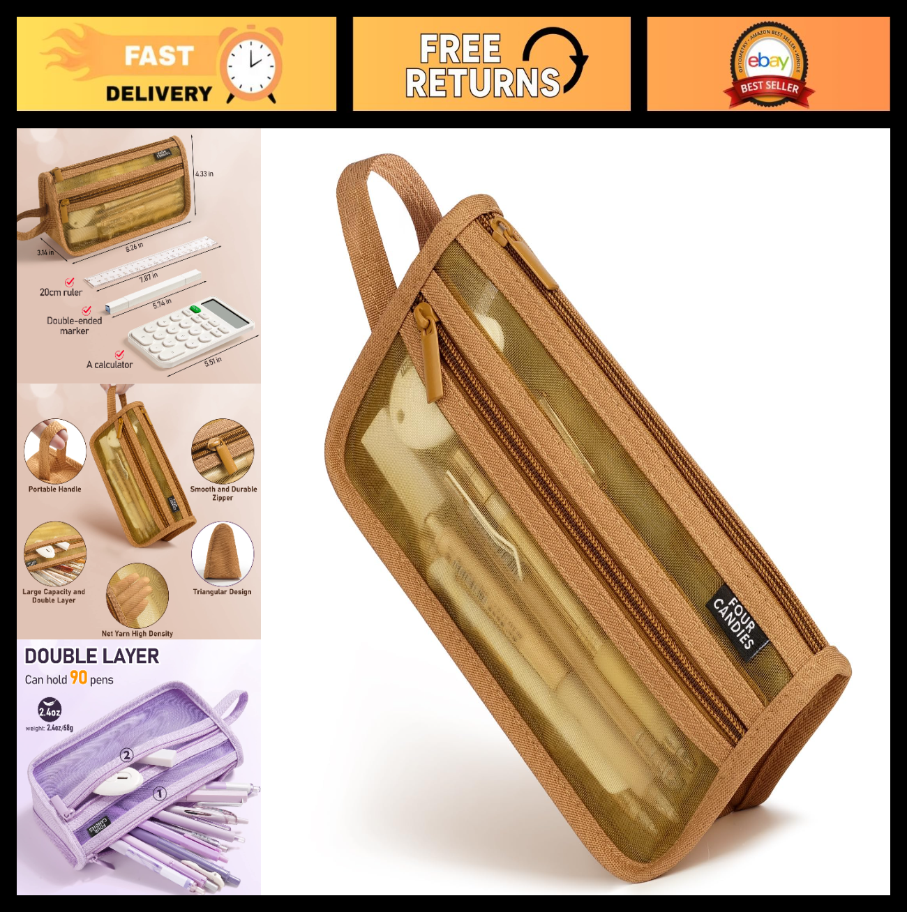 Clear Double Layer Pencil Case with Handle, Zippered Mesh Pouch, Travel Makeup B0