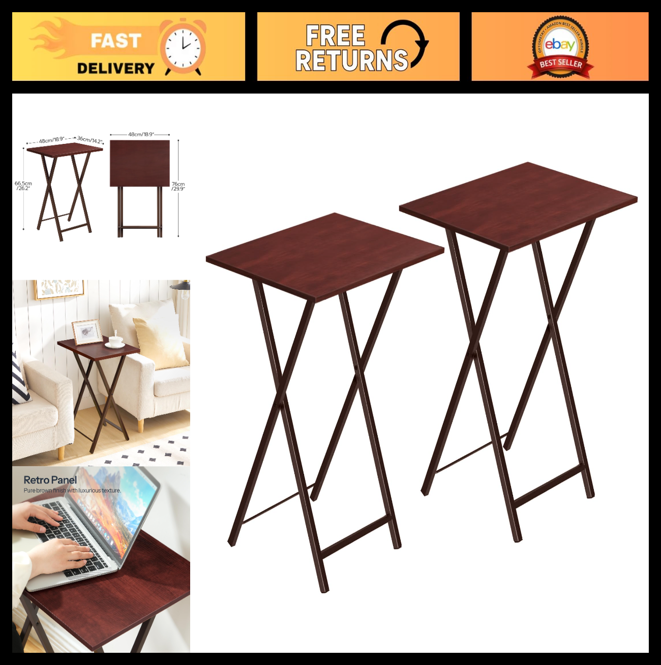 Set of 2 Folding Snack Tables for Small Spaces - Industrial Style, Easy Assembly9