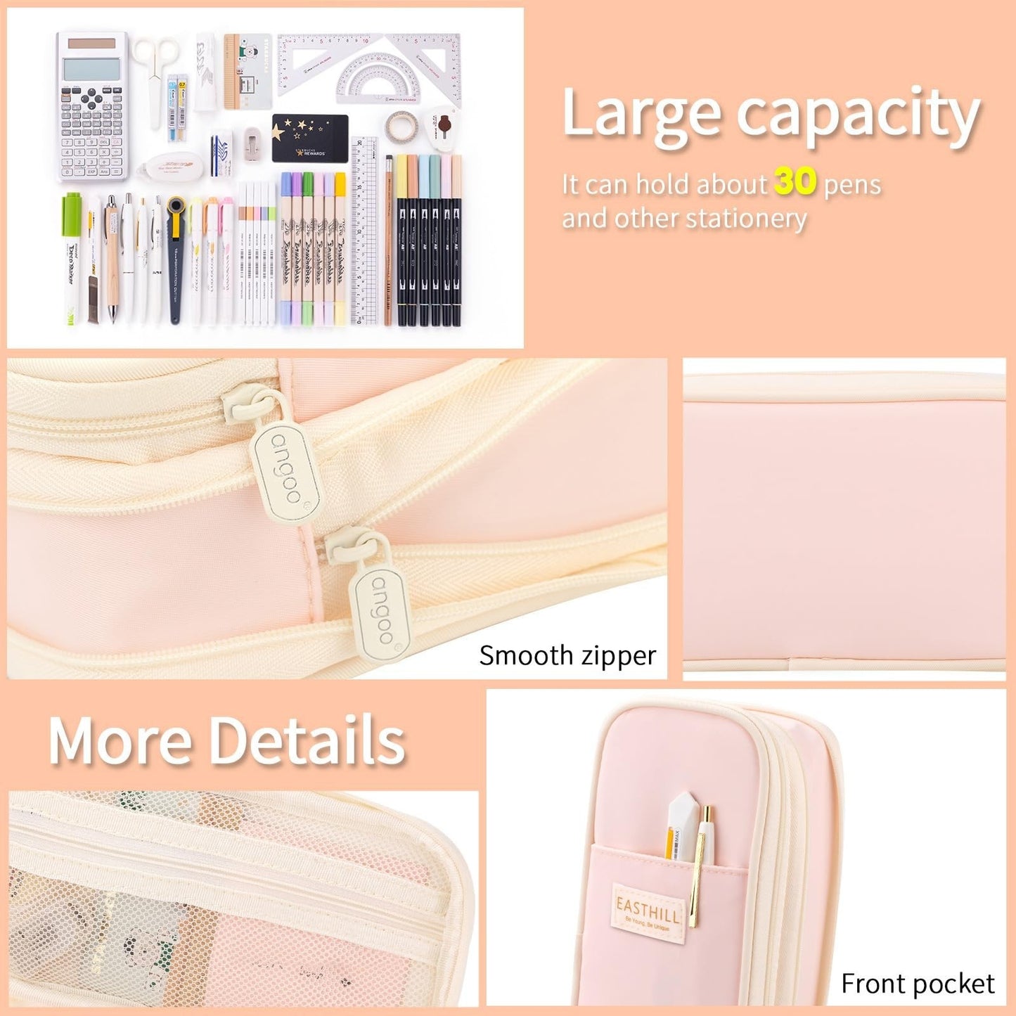 Large Capacity Pencil Case   Stylish Pink Pencil Pouch for School & Office Suppl4