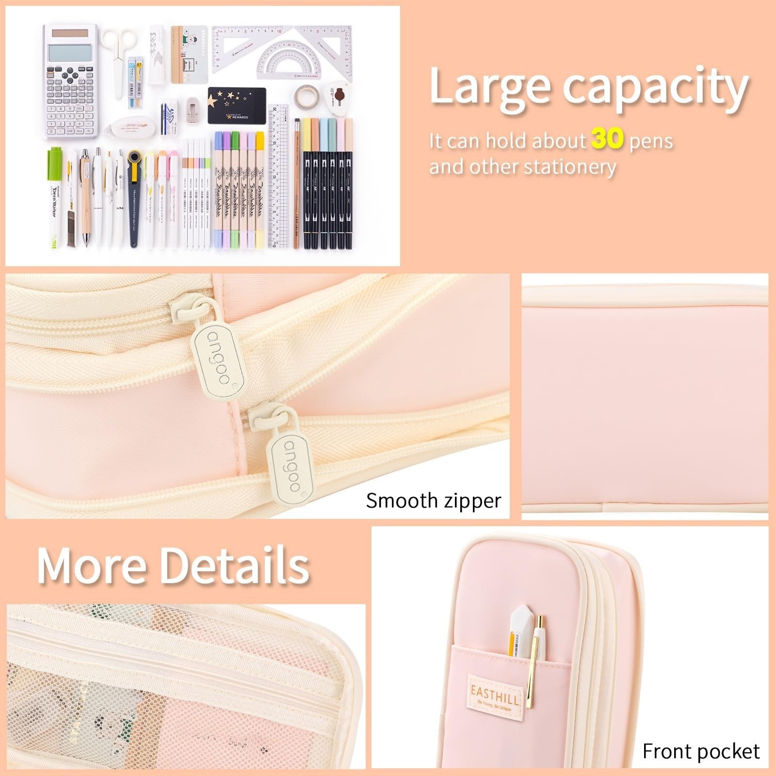 Large Capacity Pencil Case   Stylish Pink Pencil Pouch for School & Office Suppl4