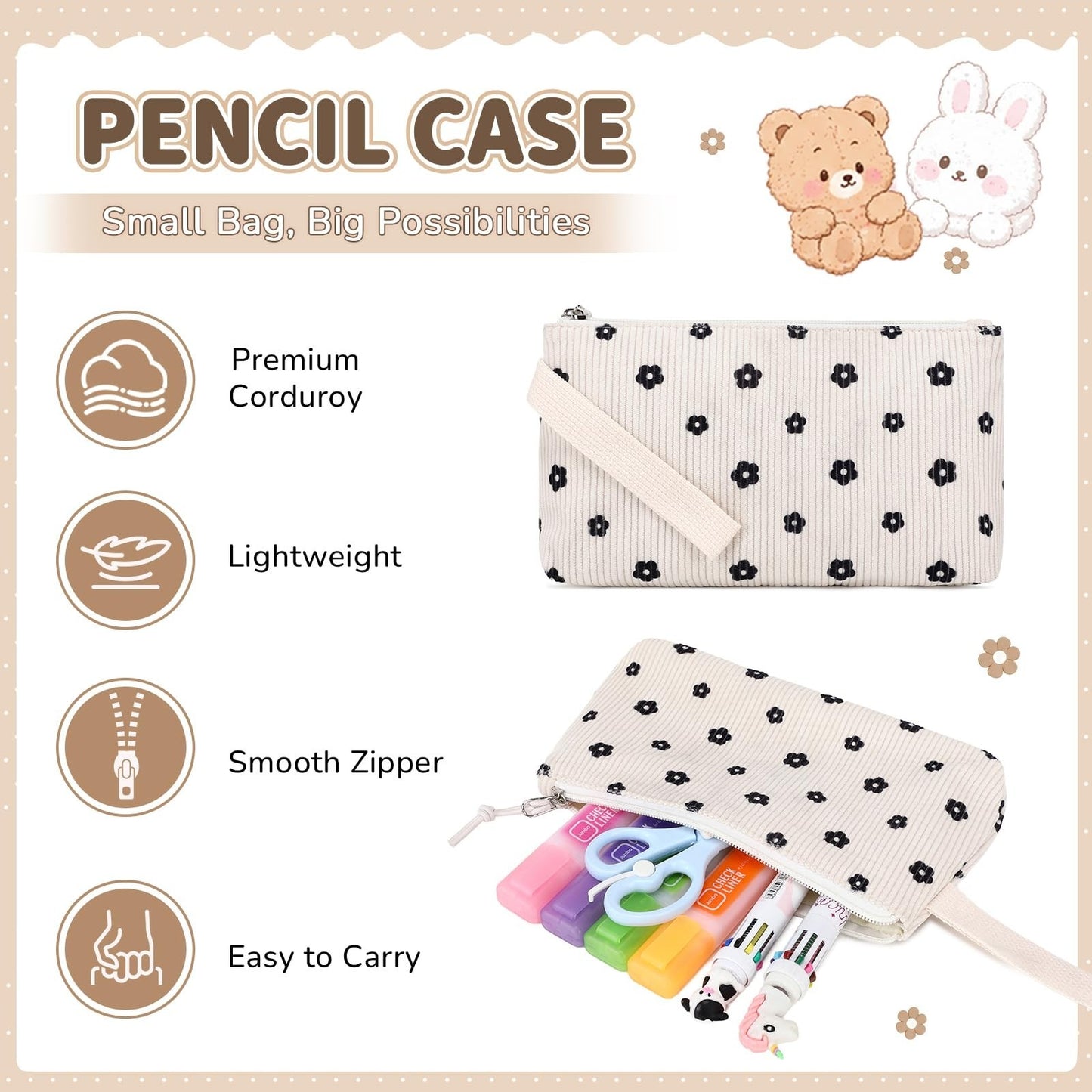 Kawaii Corduroy Backpack Set for Girls - 3PCS School Bag, Lunch Box & Pencil Cas8
