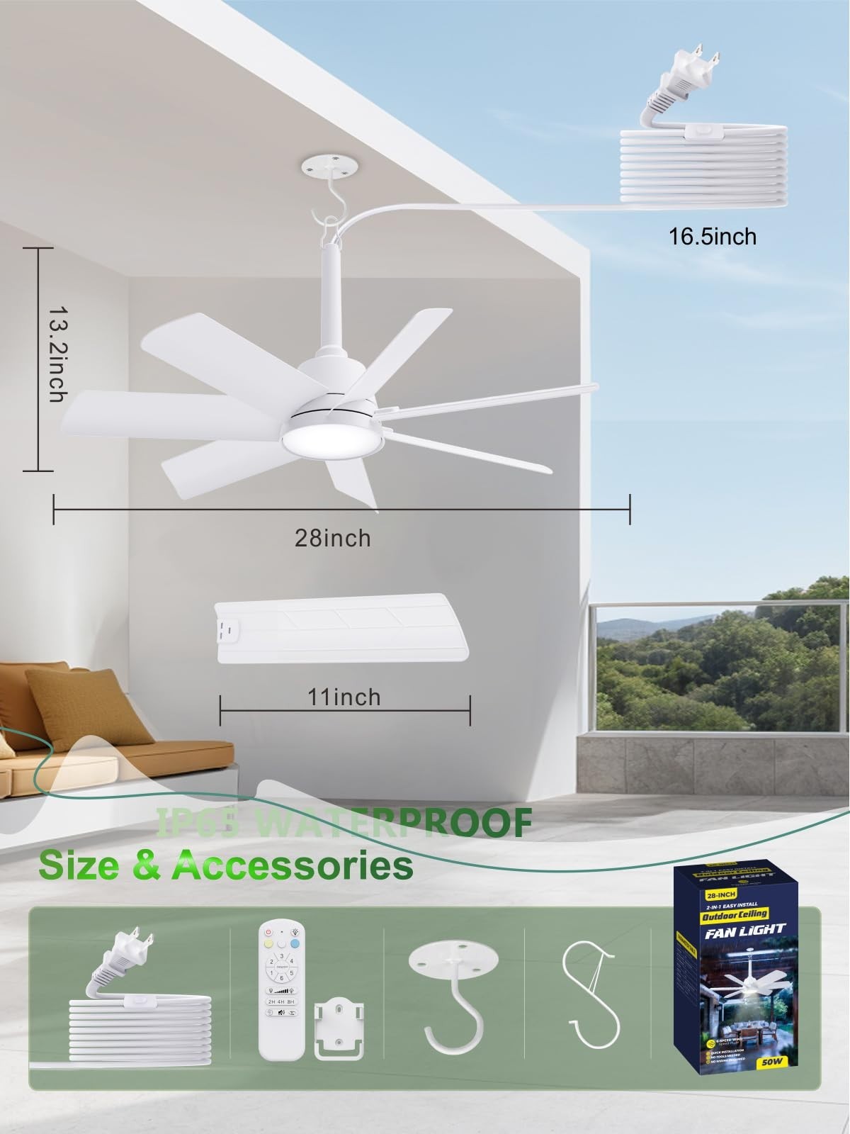 28" Outdoor Ceiling Fan with Light & Remote   Waterproof, Dimmable, 6 Speed, Por6