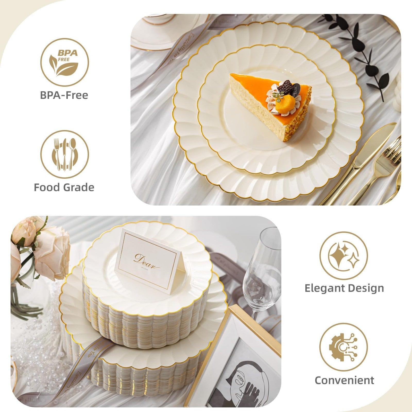 50PCS Heavy Duty Ivory Scalloped Plastic Plates with Gold Rim - 25 Dinner & 25 D5