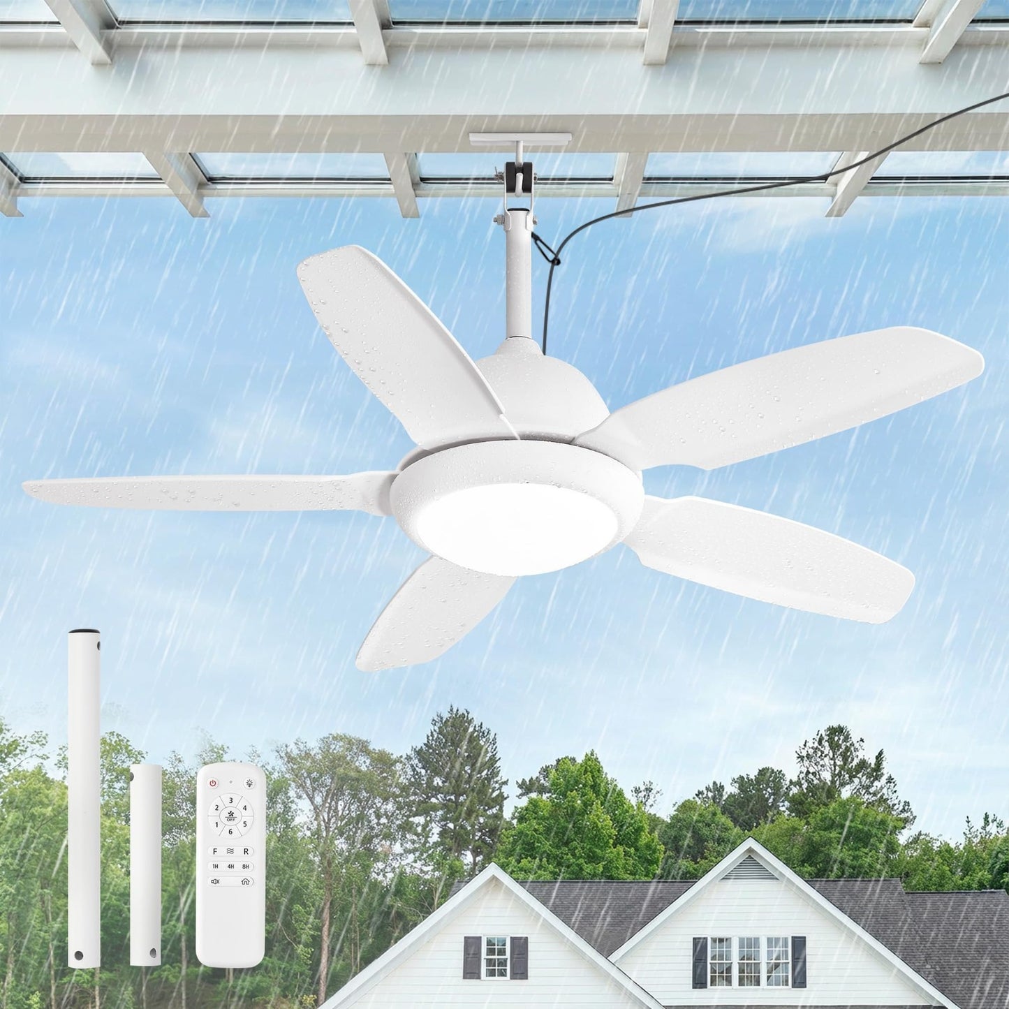 42" Waterproof Outdoor Ceiling Fan with Light, IP65, 3CCT Dimmable, Remote, 6 Sp1