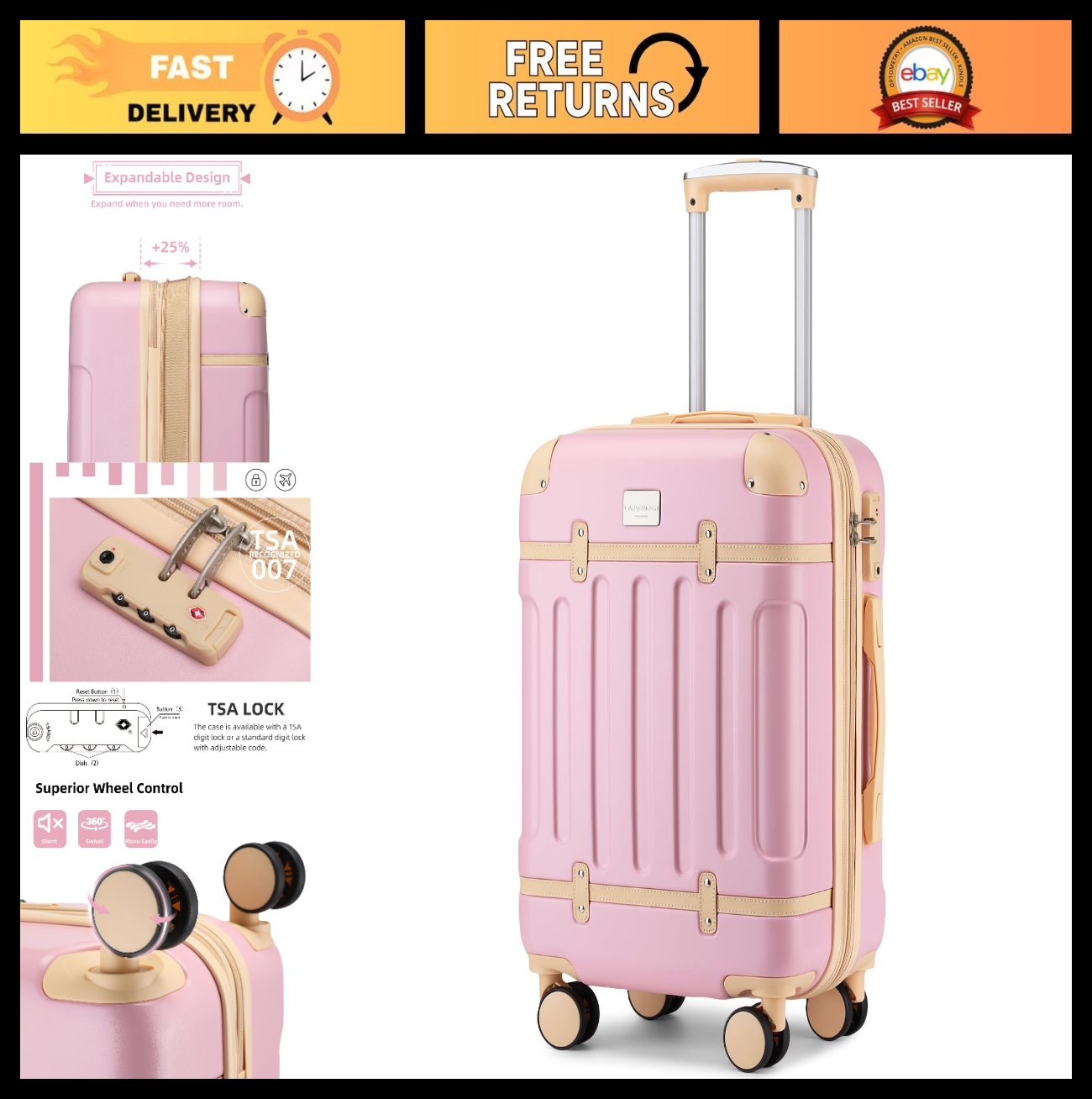 Expandable Carry-On Luggage 22x14x9, Lightweight Hardshell, TSA-Approved, 360° S0