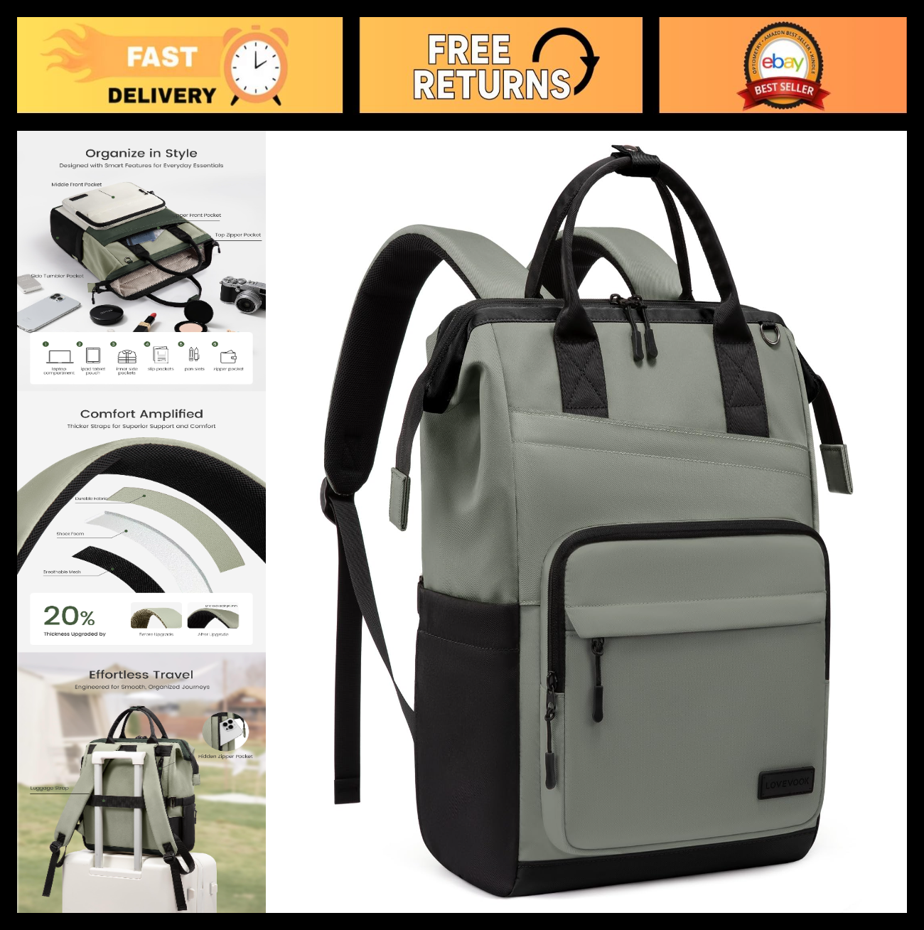 Stylish 15.6" Laptop Backpack for Women   Water Resistant Travel Bag, Large Capa0
