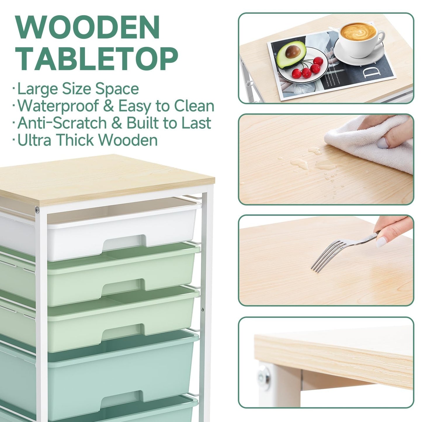 5 Drawer Utility Cart with Wooden Top, Lockable Wheels, Rolling Craft Organizer,5