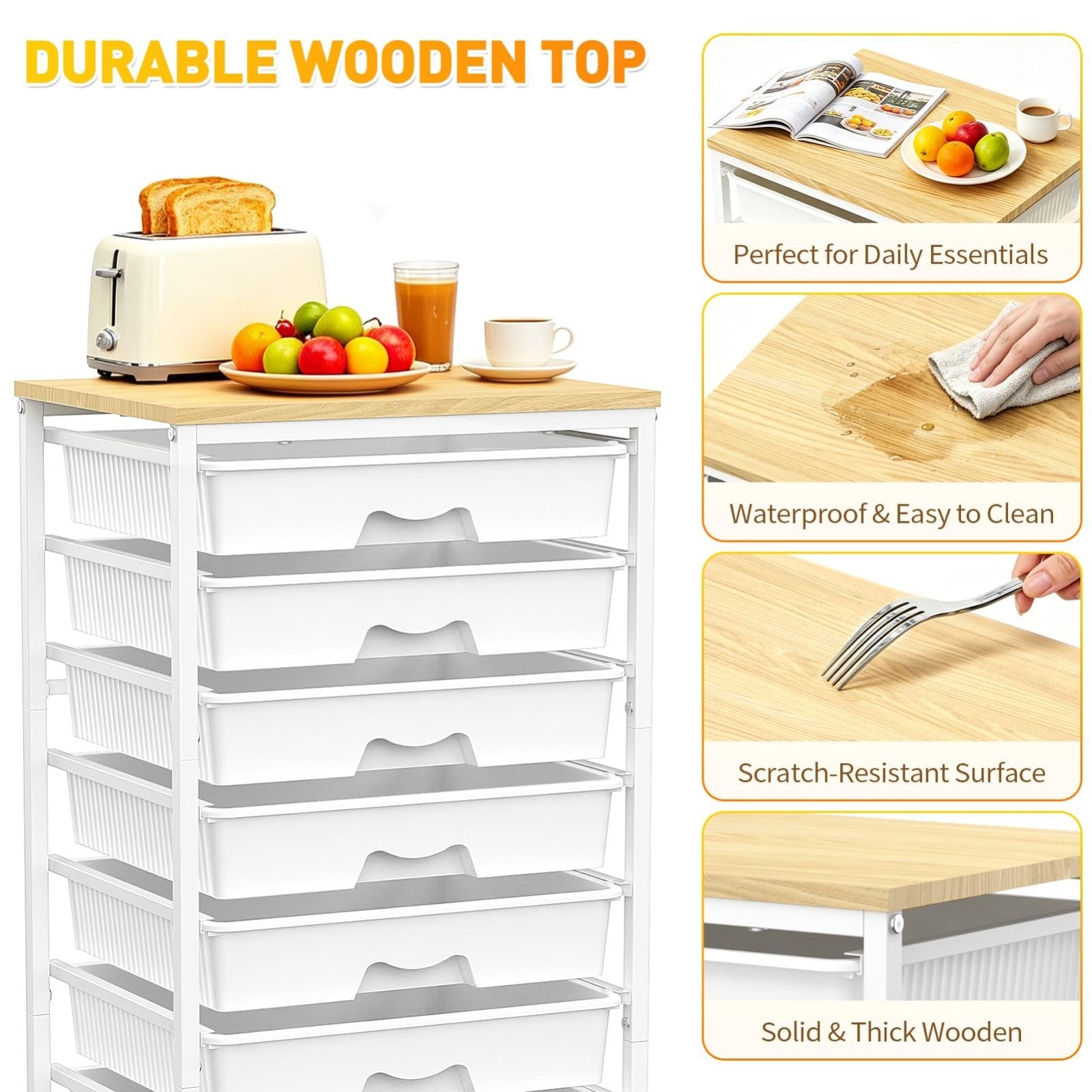 8 Drawer Rolling Cart with Wooden Top & Lockable Wheels   Craft & Office Storage3