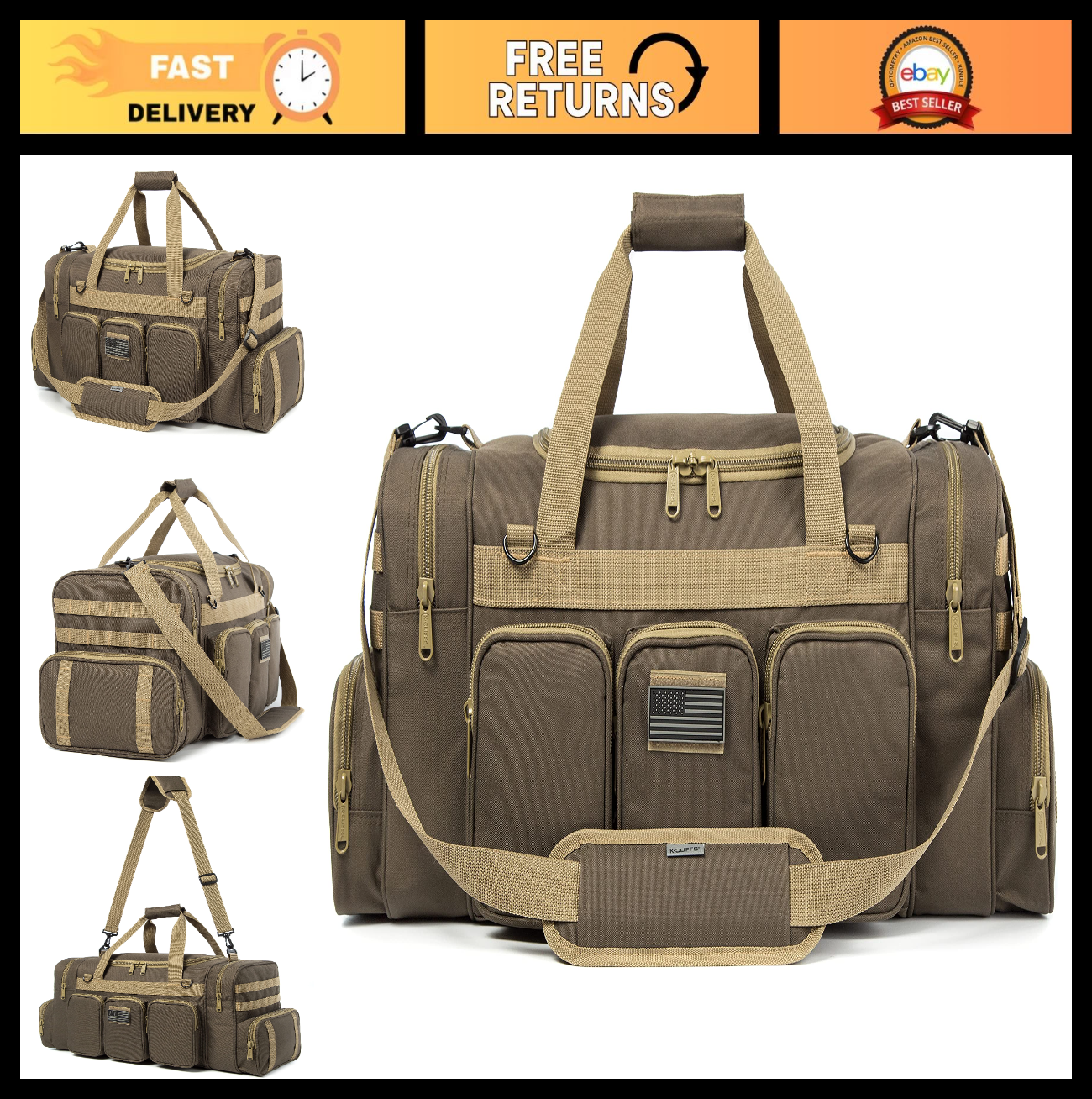 Heavy Duty Tactical Duffel Bag   Military Molle Gear, Lockable Zippers, 27" Khak0