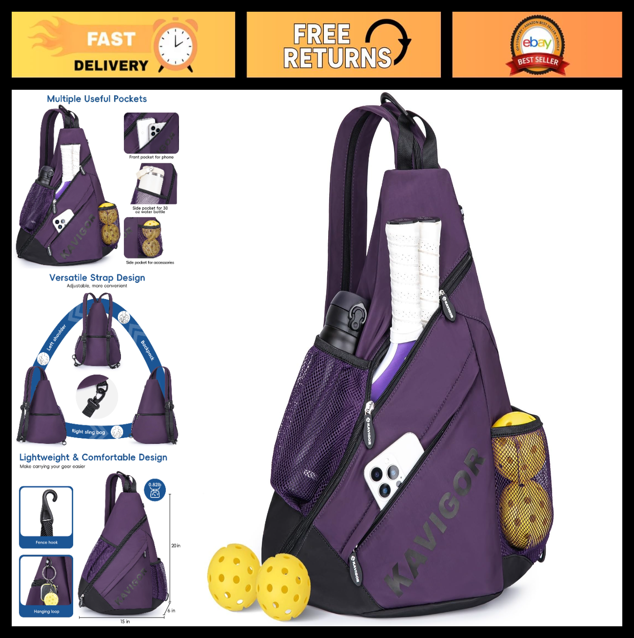Ultra-Light Pickleball Sling Bag, Convertible Backpack with Wet/Dry Pocket, Fits0