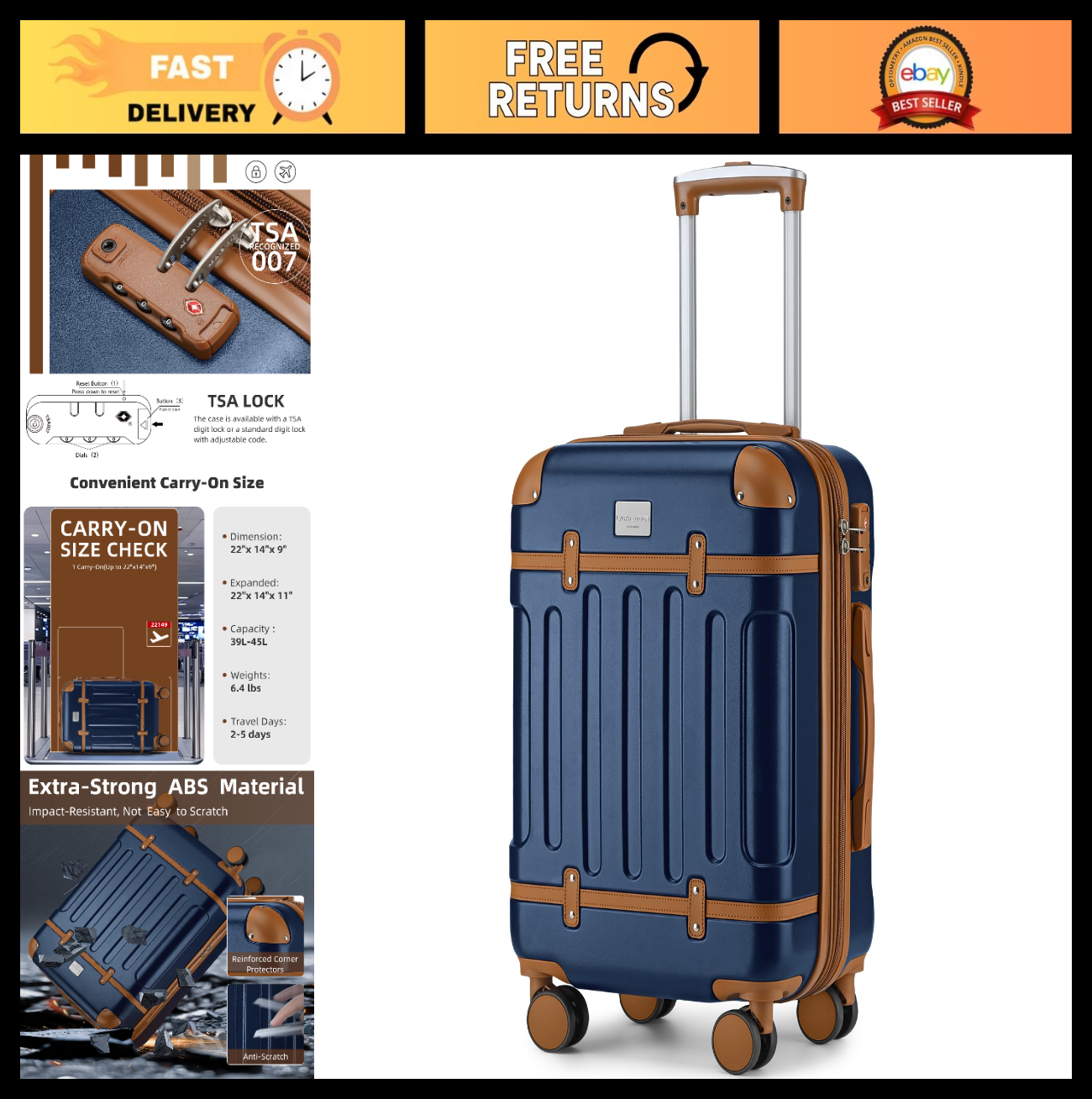 Expandable Carry-On Luggage 22x14x9, Lightweight Hardshell, 360° Spinner Wheels,0