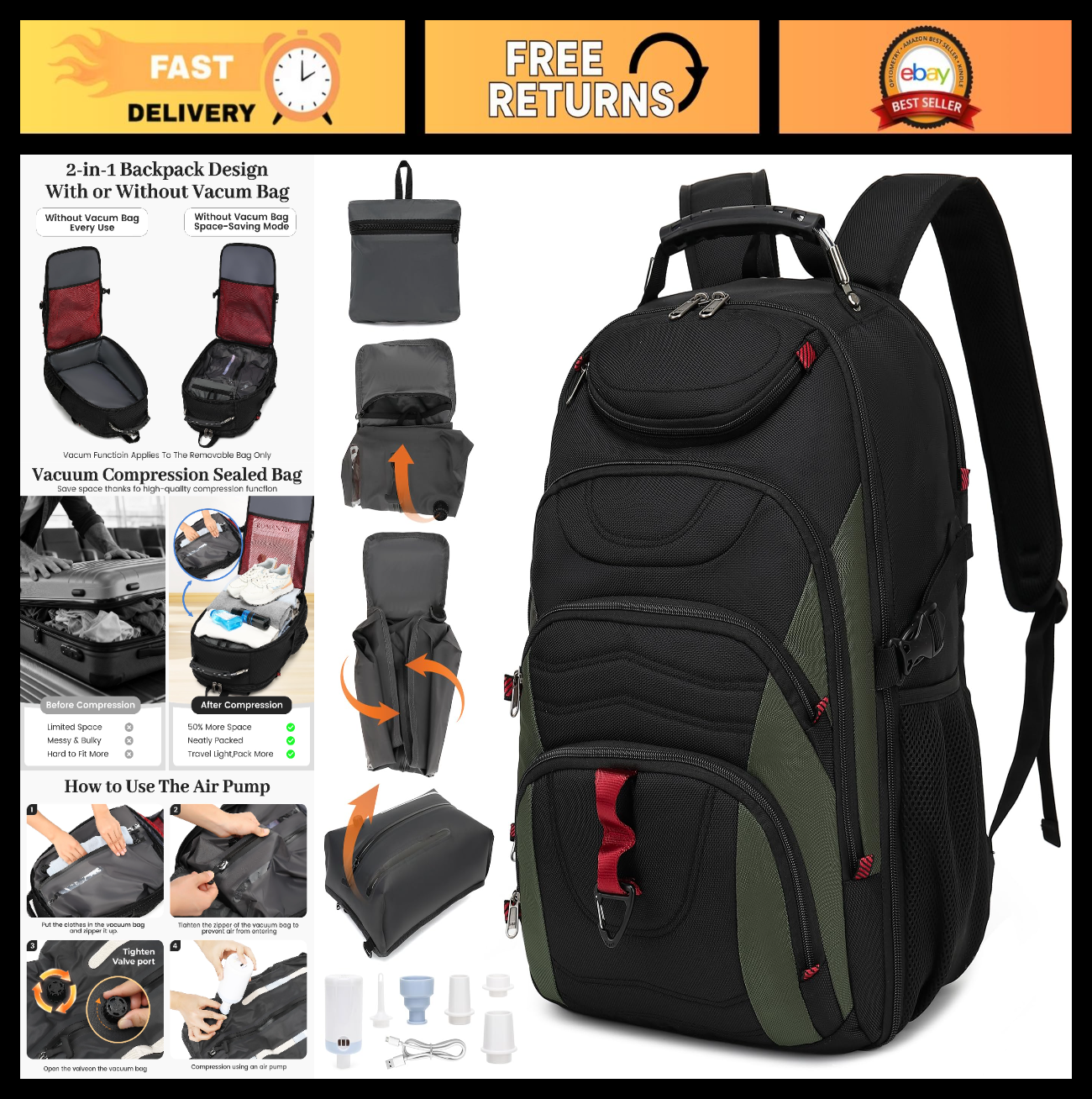 Large 55L Vacuum Seal Backpack for Travel with Detachable Compression Bag, Water0