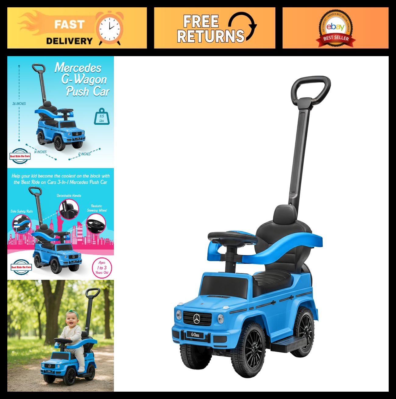 3-in-1 Kids Push Car Stroller, Mercedes G-Wagon, Detachable Handle, Safety Rails0